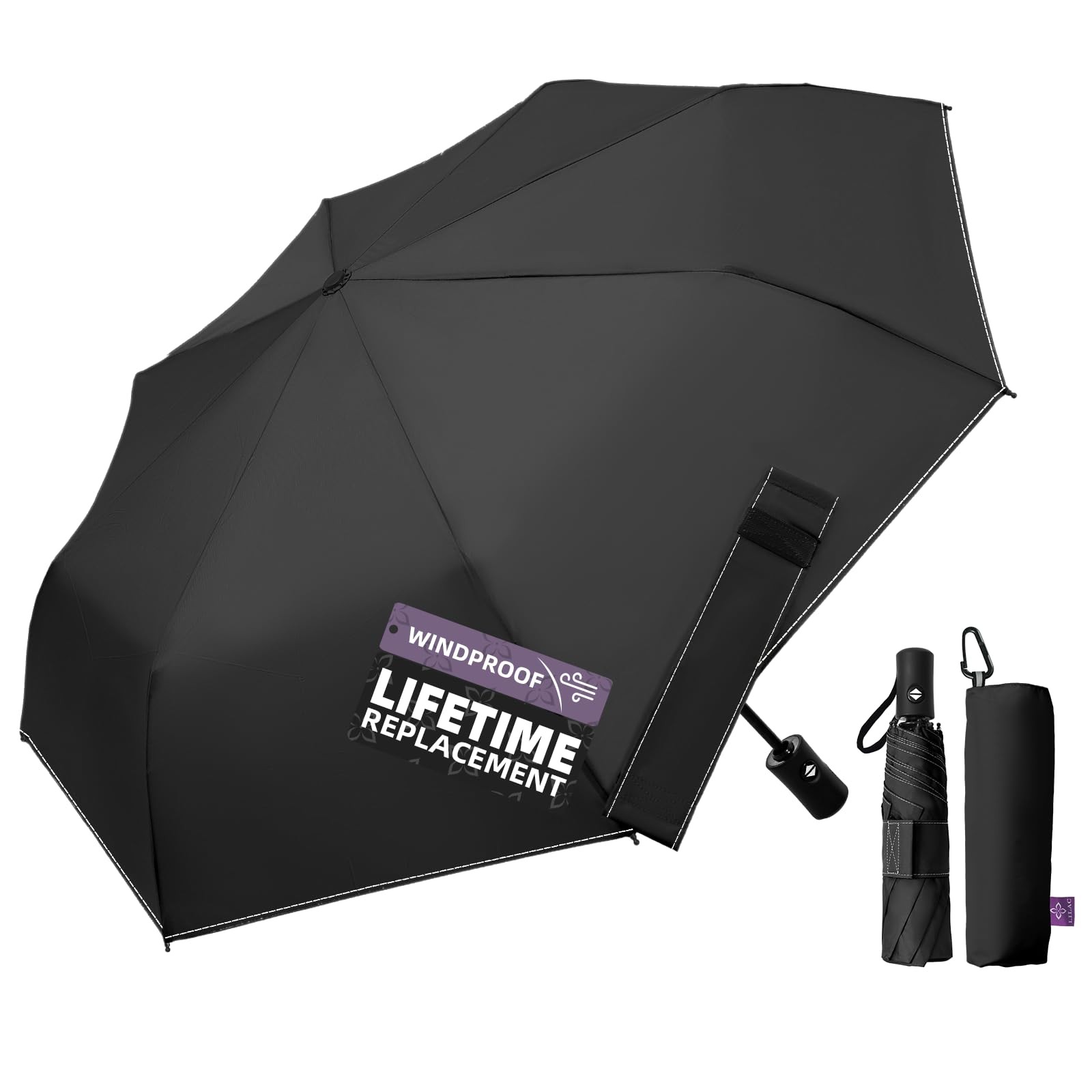 LILAC Compact Travel Windproof Umbrella, 43" Auto 43"(Solid), 1-Black