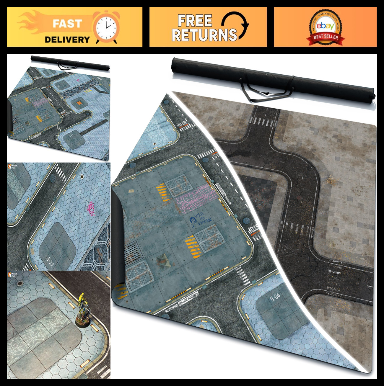 Double-Sided 4' x 4' Rubber Battle Mat for War Games + Carry Bag - Durable & Por