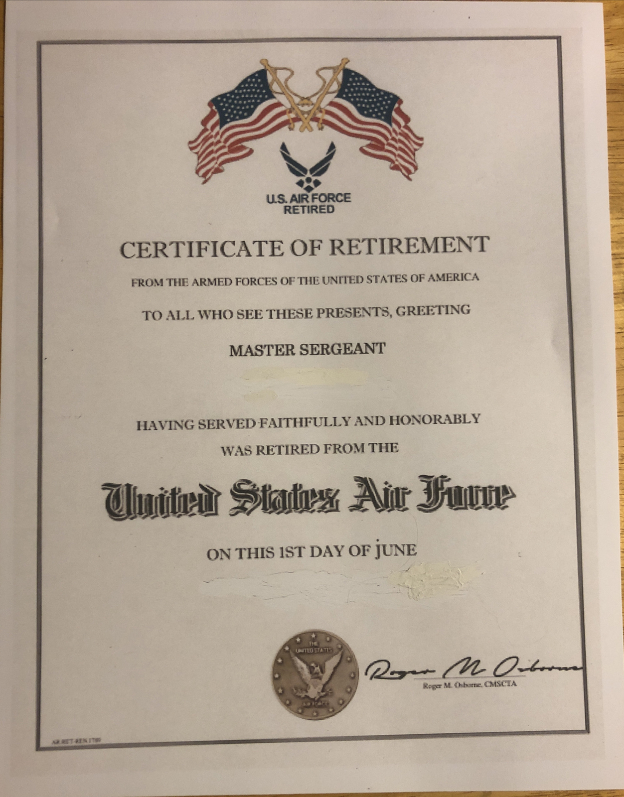 U.S.Air Force Certificate Of Retirement-Comes Blank-Fill In Your Own Info.