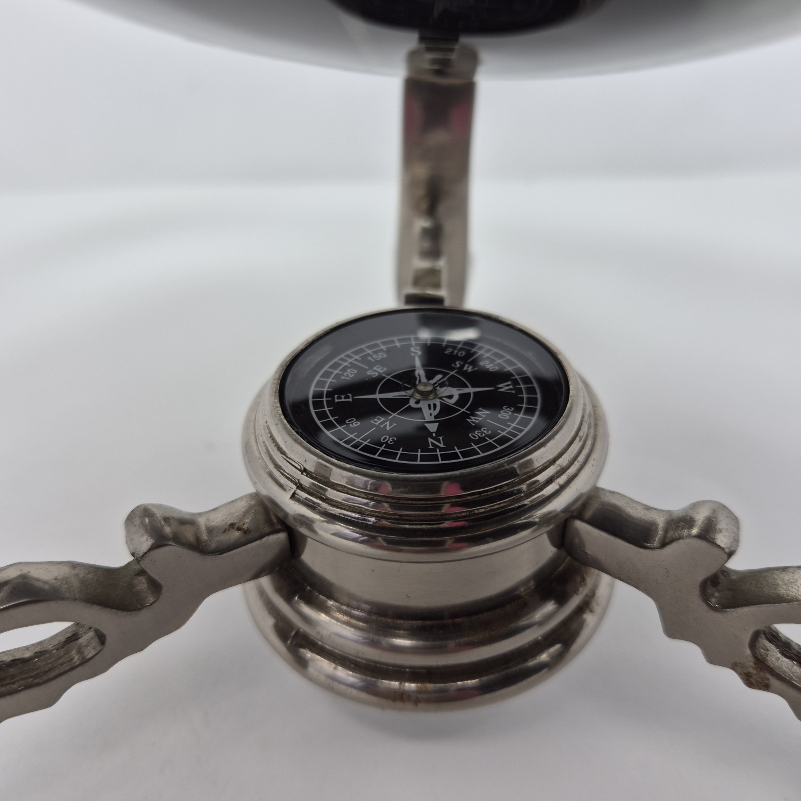 14" Black Ocean Silver 3- Leg Table Stand Gem Gemstone World MAP & Compass Globe