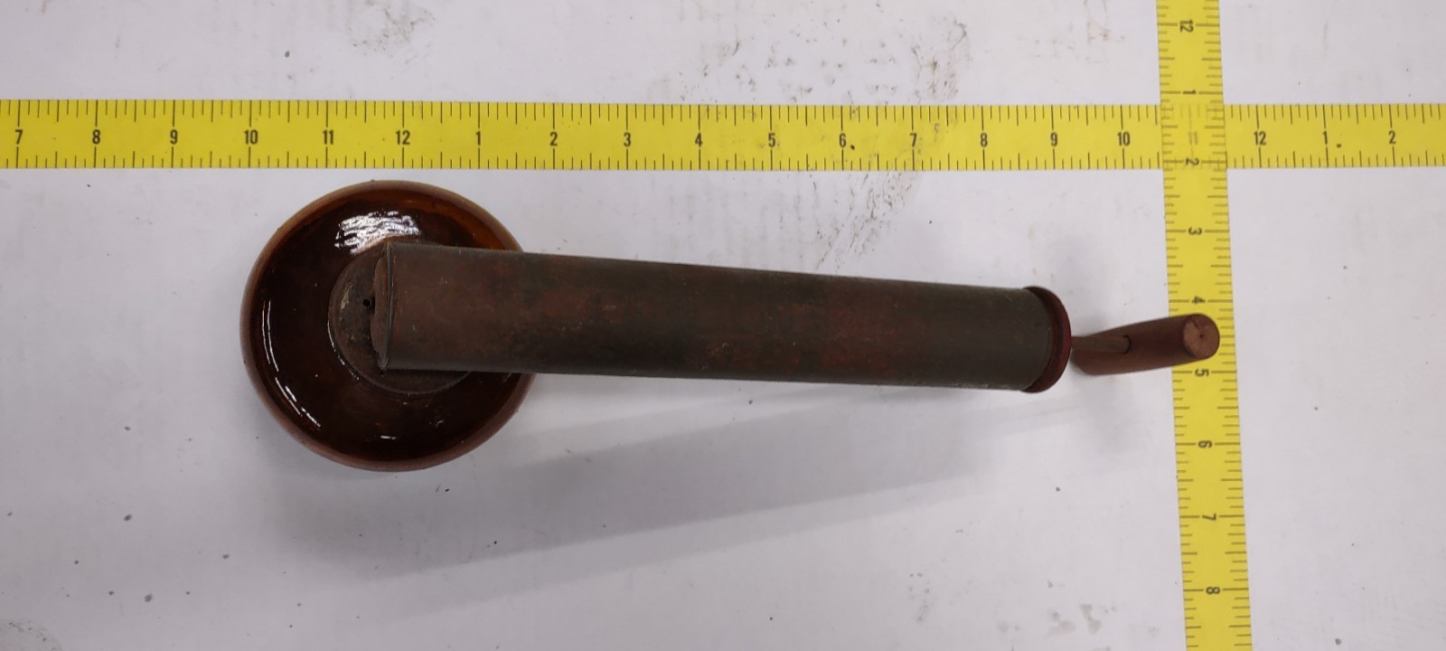Vintage Powder Measure Glass Hopper Metal Wood Brown Green 12in