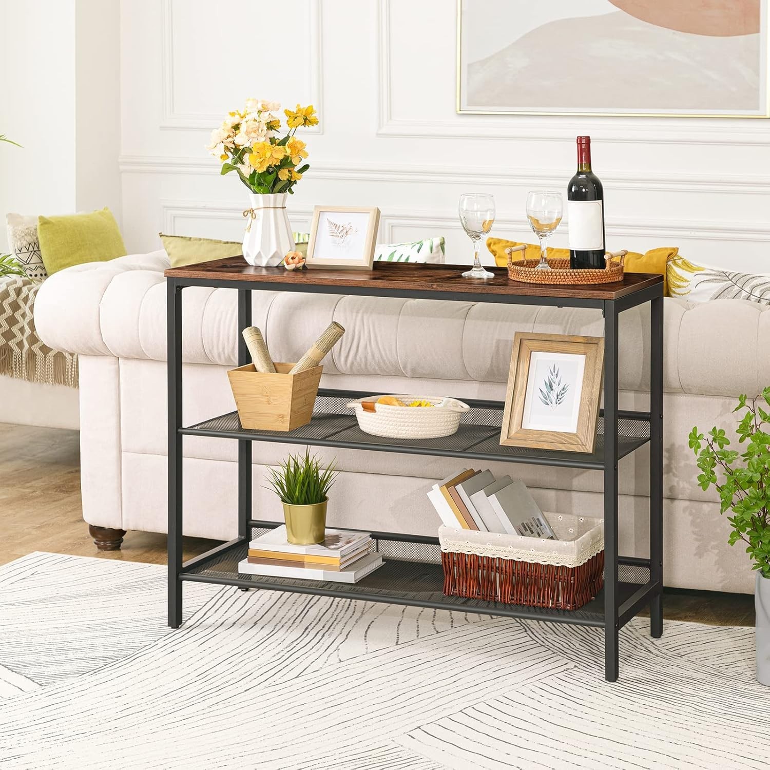 Console Table Sofa Table W/ 2 Flat/Slant Adjustable Mesh Shelves Hallway Table &