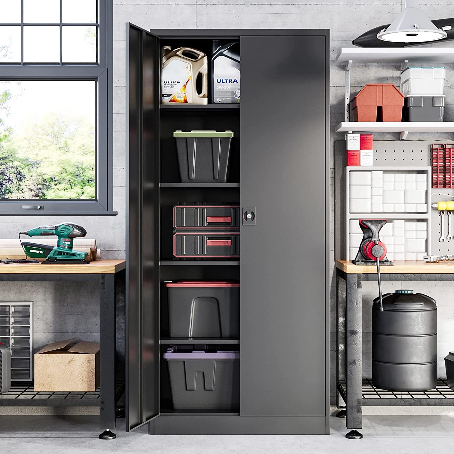 71''Metal Storage Cabinet with 4 Adjustable Shelves and Locking Door Home Garage
