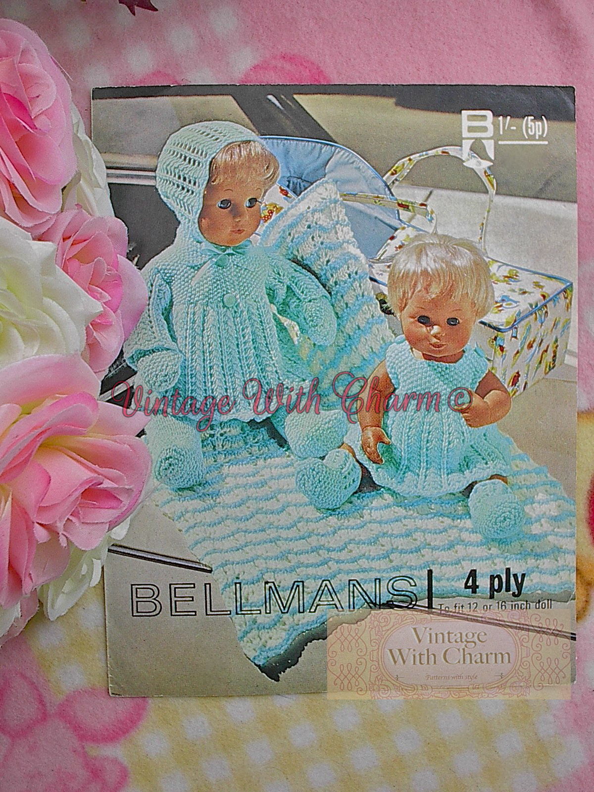 Vintage Knitting Pattern, Pram Set, Dress, Pram Cover For 12 Or 16in Dolls