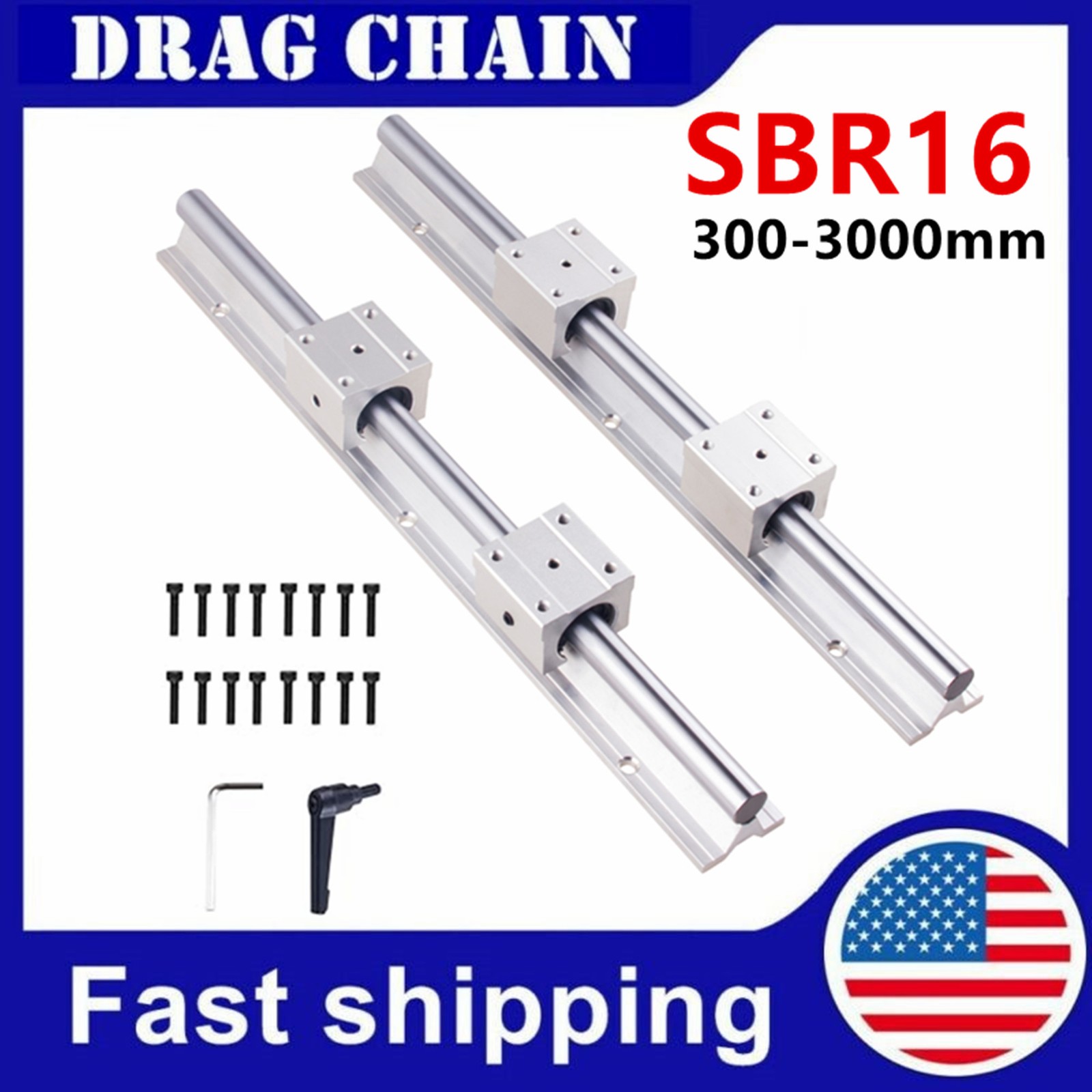 2x SBR16 300-3000mm Linear Silde Rail Guide Shaft 4x SBR16UU Bearing Blocks SET