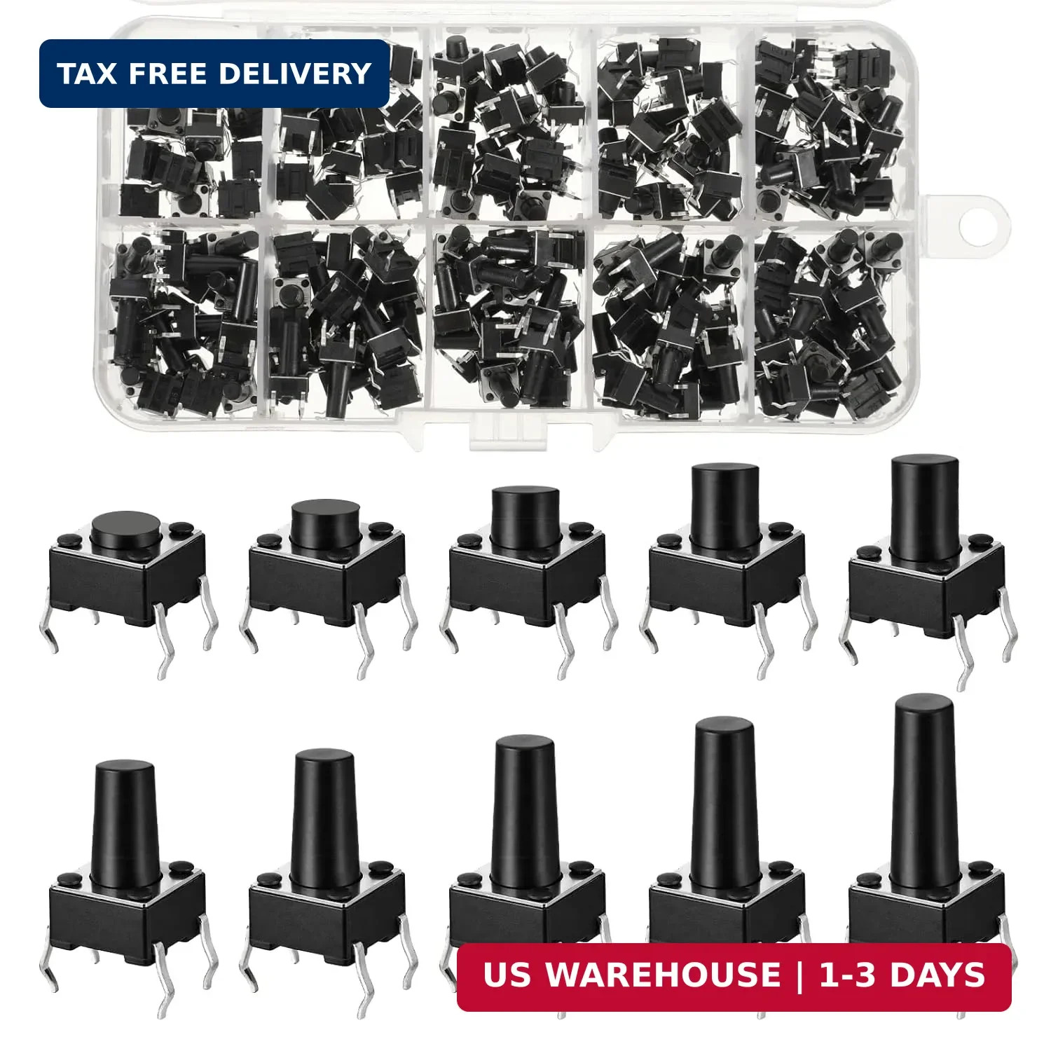 200 Pcs 10 Values 6 x 6 mm Tactile Push Button Switch, 4 Pins Micro Momentary Ta