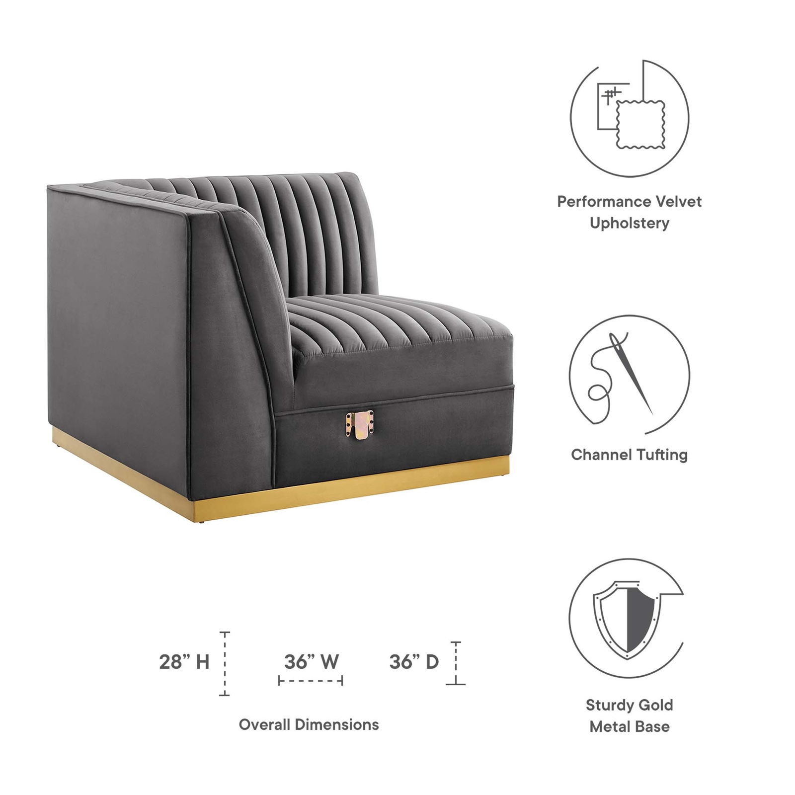 Sanguine Channel Tufted Velvet Modular Sectional Sofa Left Corner Chair in Gray