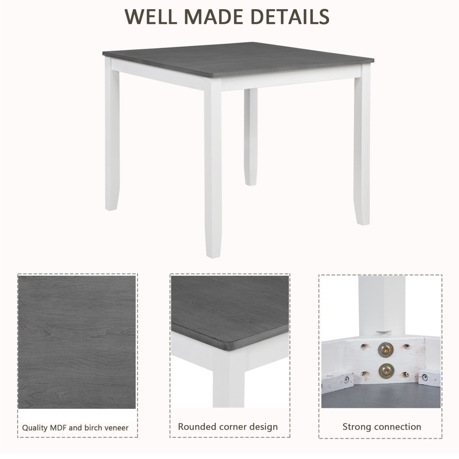 Modern 5 Piece Dining Table Set Wood Square Dining Table & 4 Chair White & Gray