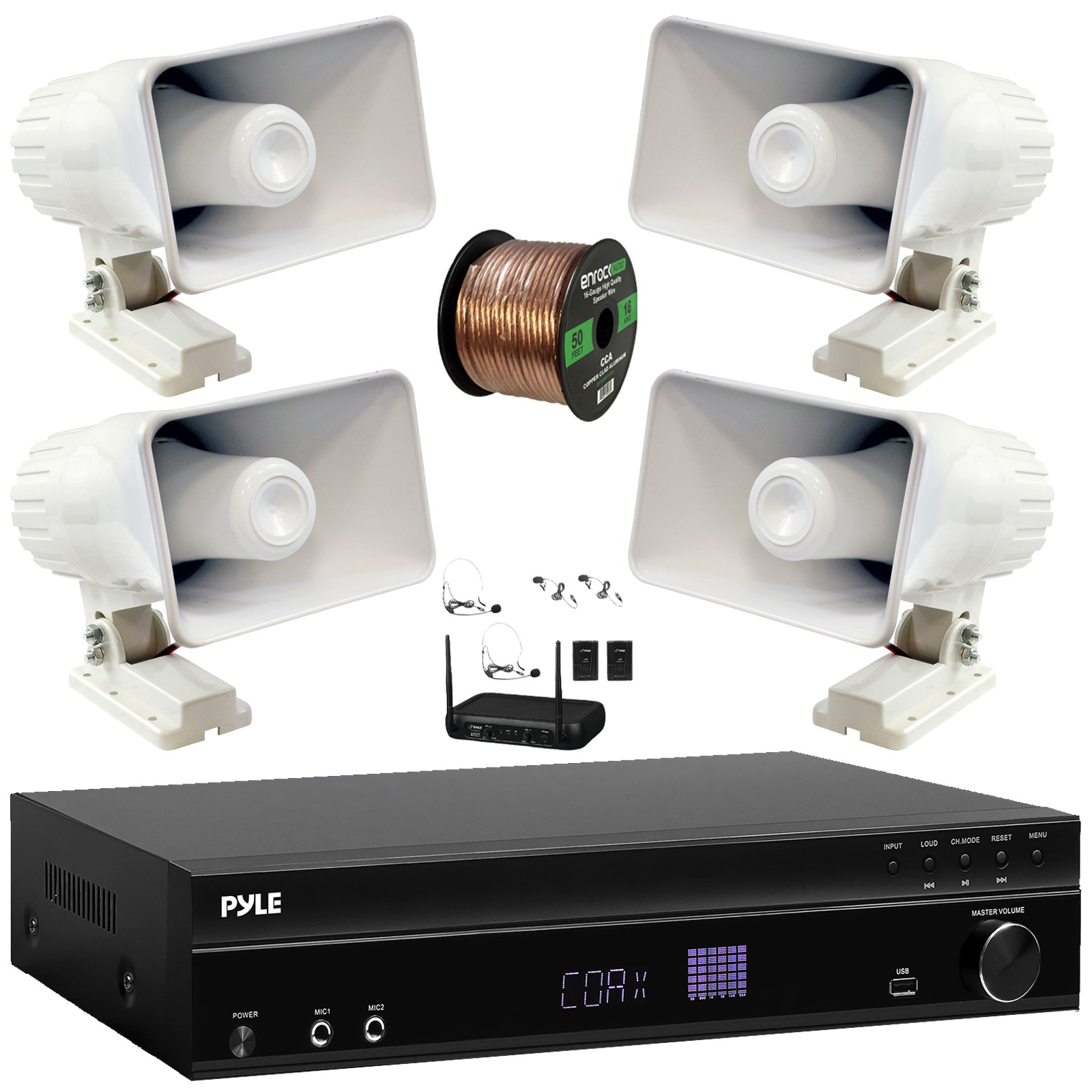 Pyle 5.2CH Bluetooth ARC Receiver, 4x 8'' 65W PA Horn Speakers W/ Wireless Mic