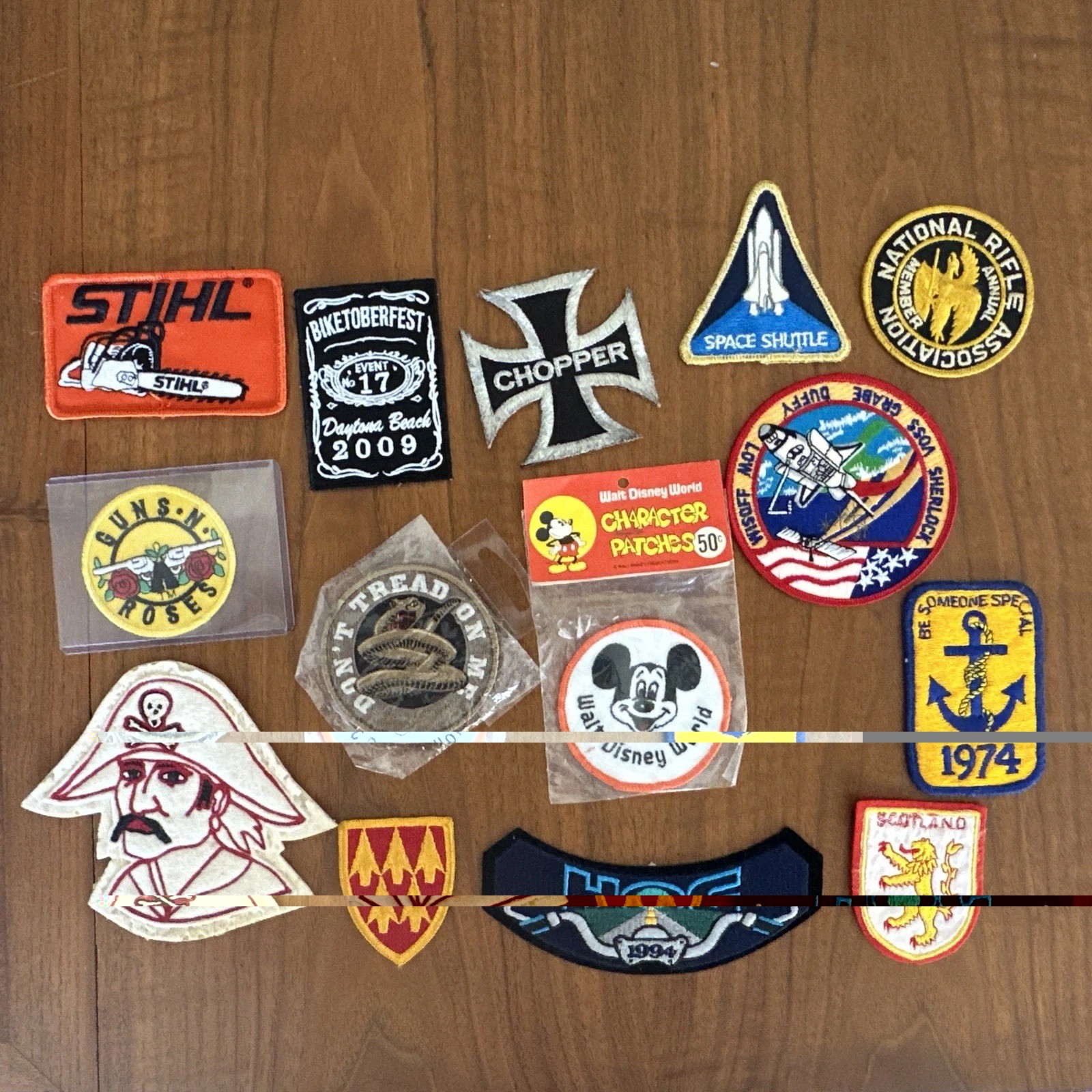 Lot Of 7 Vintage Patches NASA Space Shuttle, Mickey Mouse, Motorcycle, Stihl