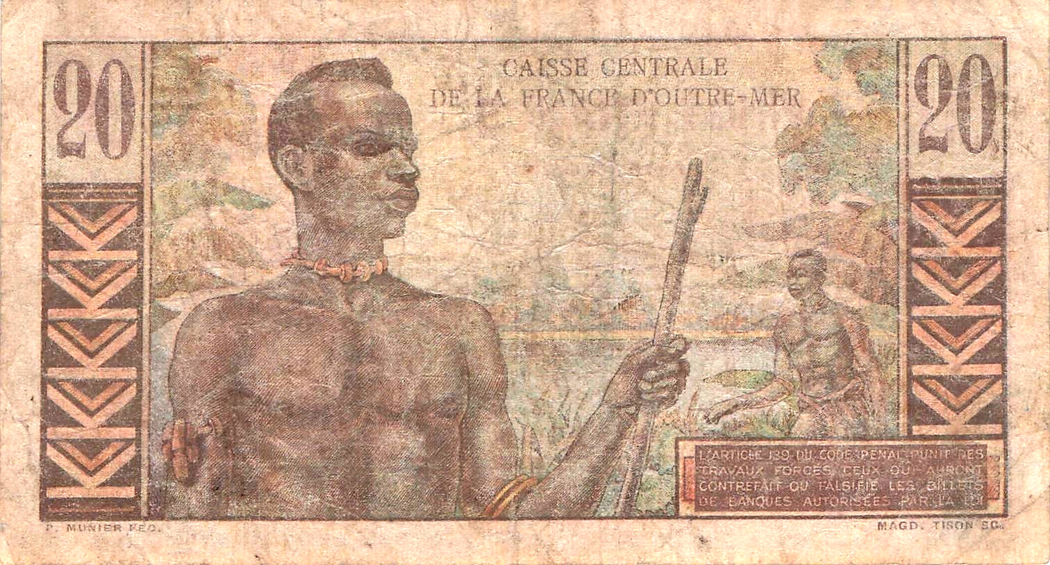 FRENCH EQUATORIAL AFRICA 20 FRANCS P-22 1947 WOMAN HUT WORLD CURRENCY BANK NOTE