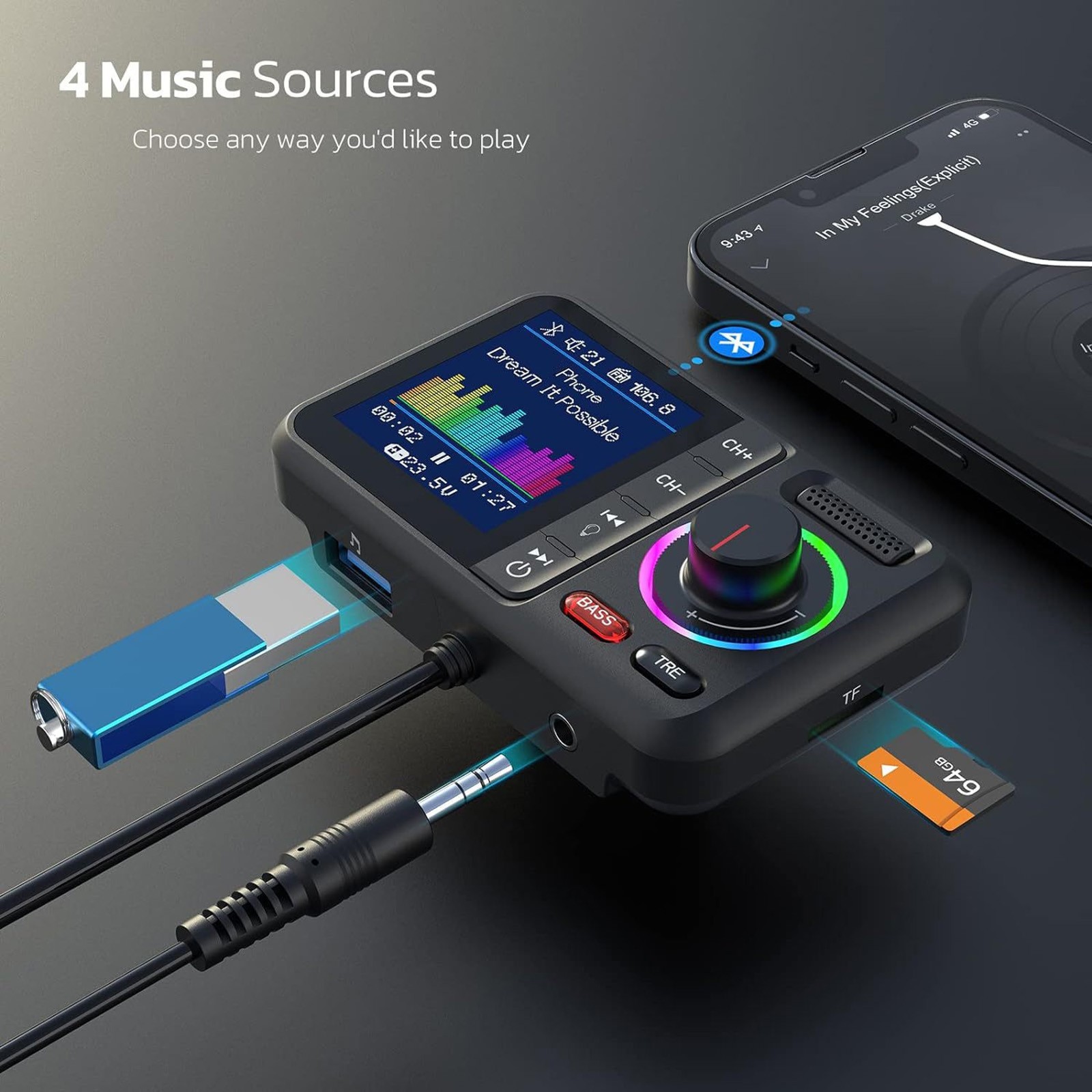 Bluetooth 5.0 Car Wireless FM Transmitter Adapter USB PD Charger Hands-Free