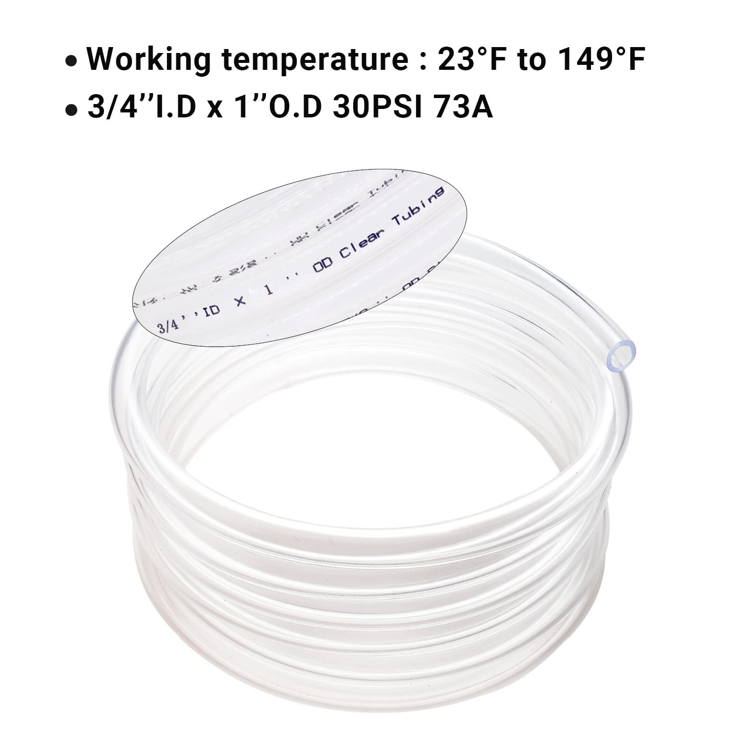 Clear Vinyl Tubing 3/4" ID × 1" OD -10 Ft 30PSI,Flexible Plastic 3/4'',