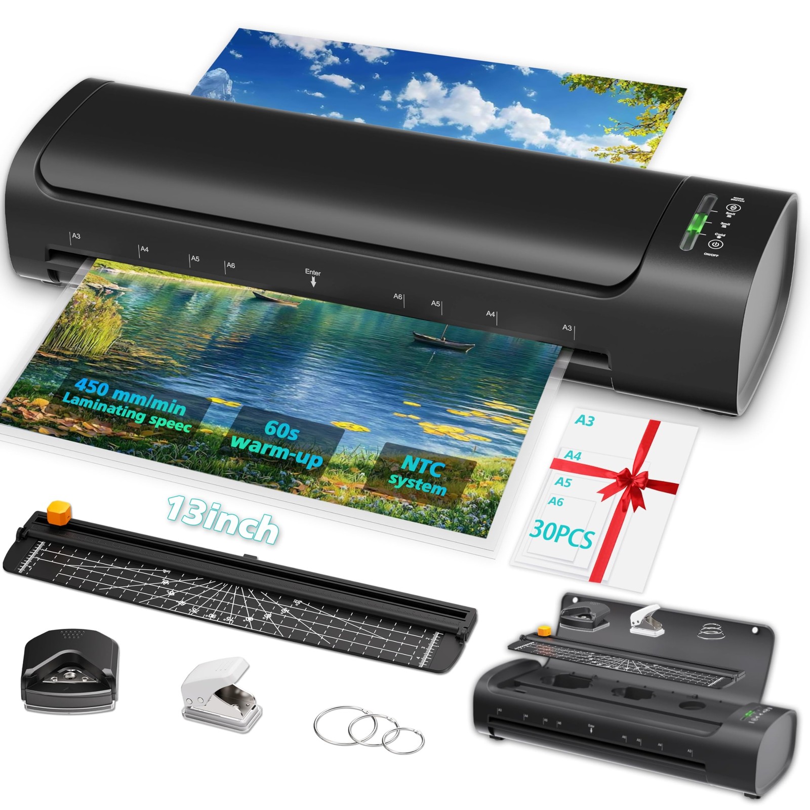 13 Inch Laminator Machine with 30 Laminating Sheets, A3 11-in-1 Hot & Cold Th...