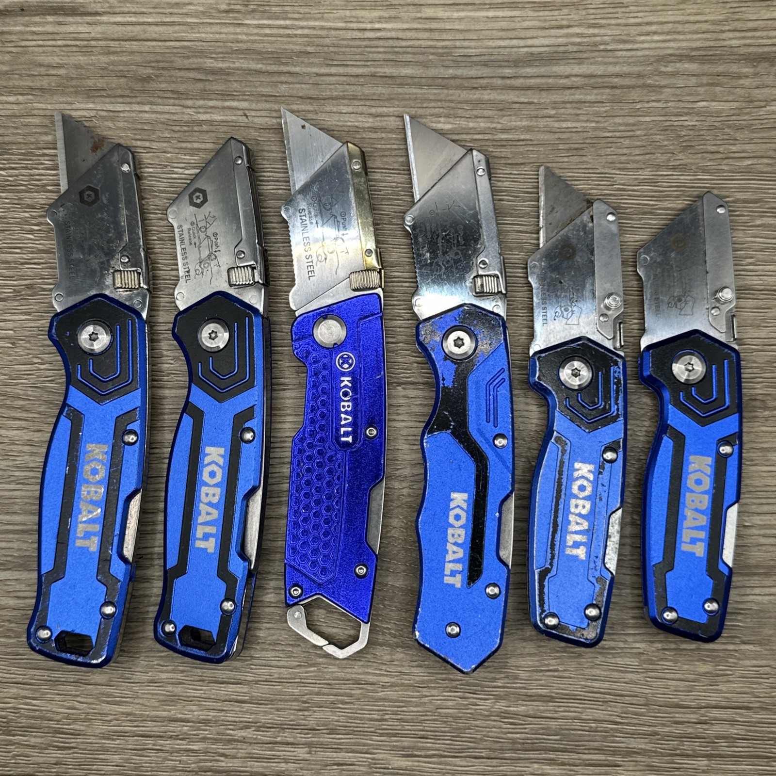 (LOT F) 6 Kobalt Folding Utility Knife Knives Box Cutters Blue TSA Surplus