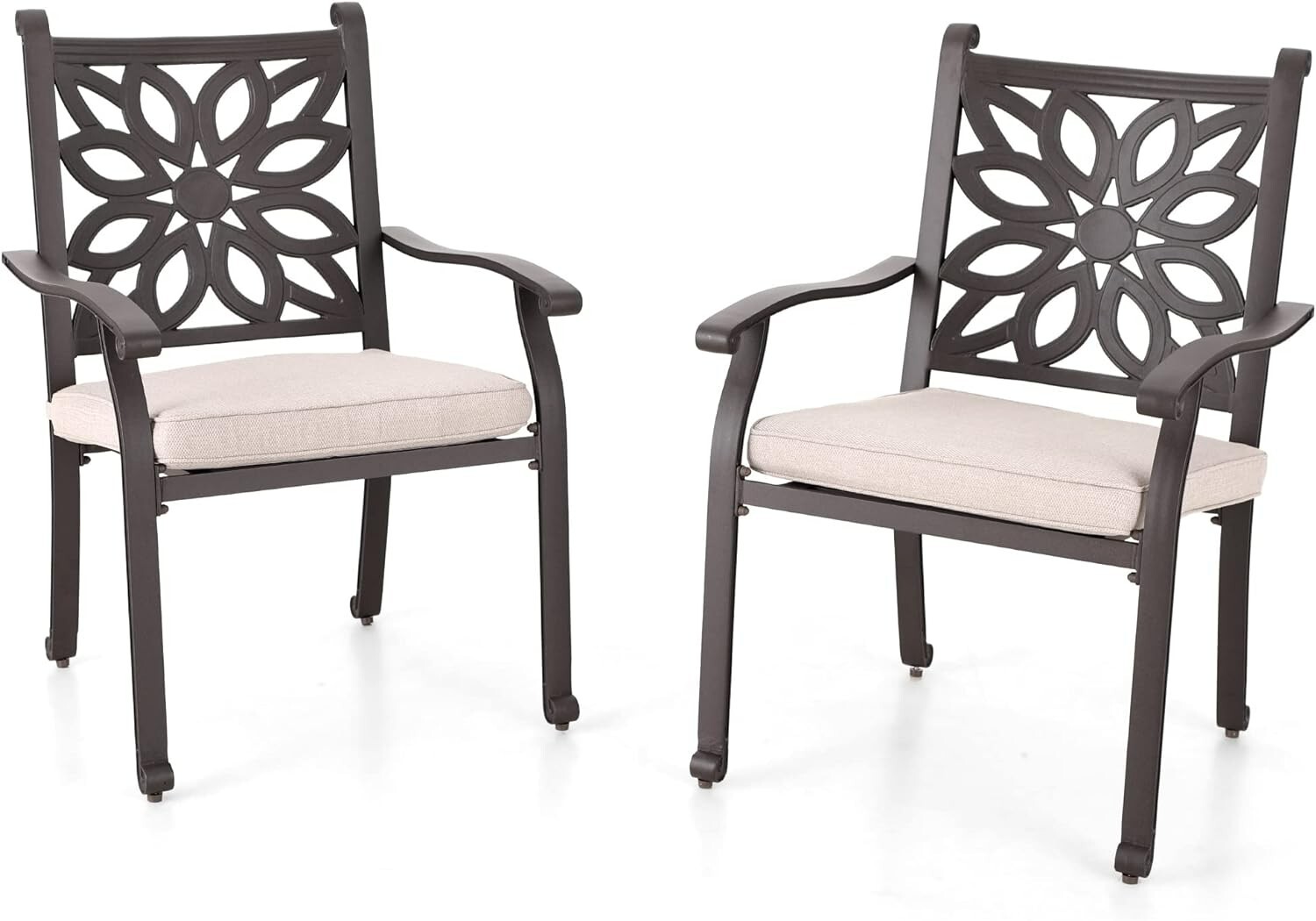 Outdoor Cast Aluminum Dining Chairs with Cushion Set of 2 Extra Wide Seat Brown
