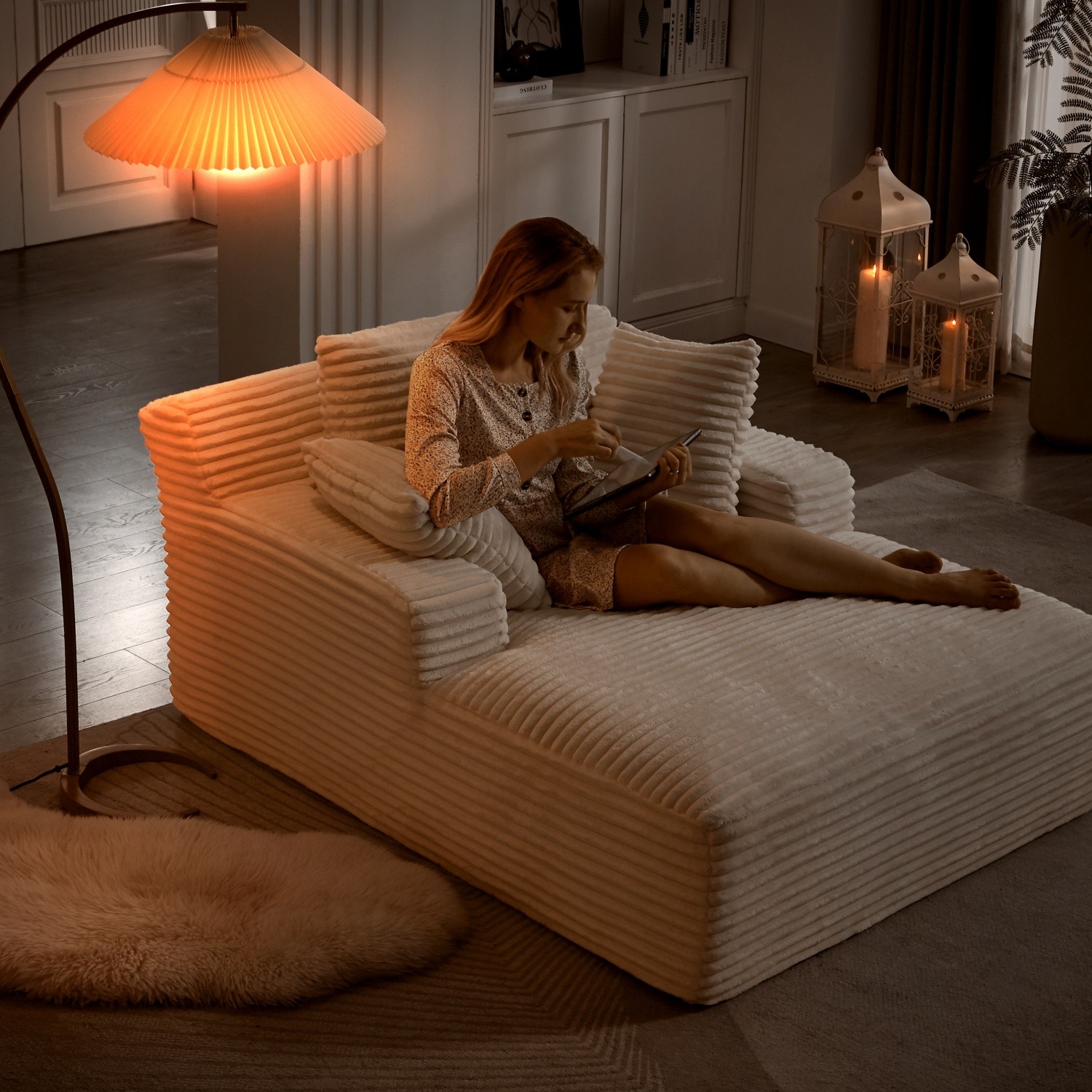 Oversized Chaise Lounge Chair Corduroy Upholstered Low Floor Chair No-Assembly