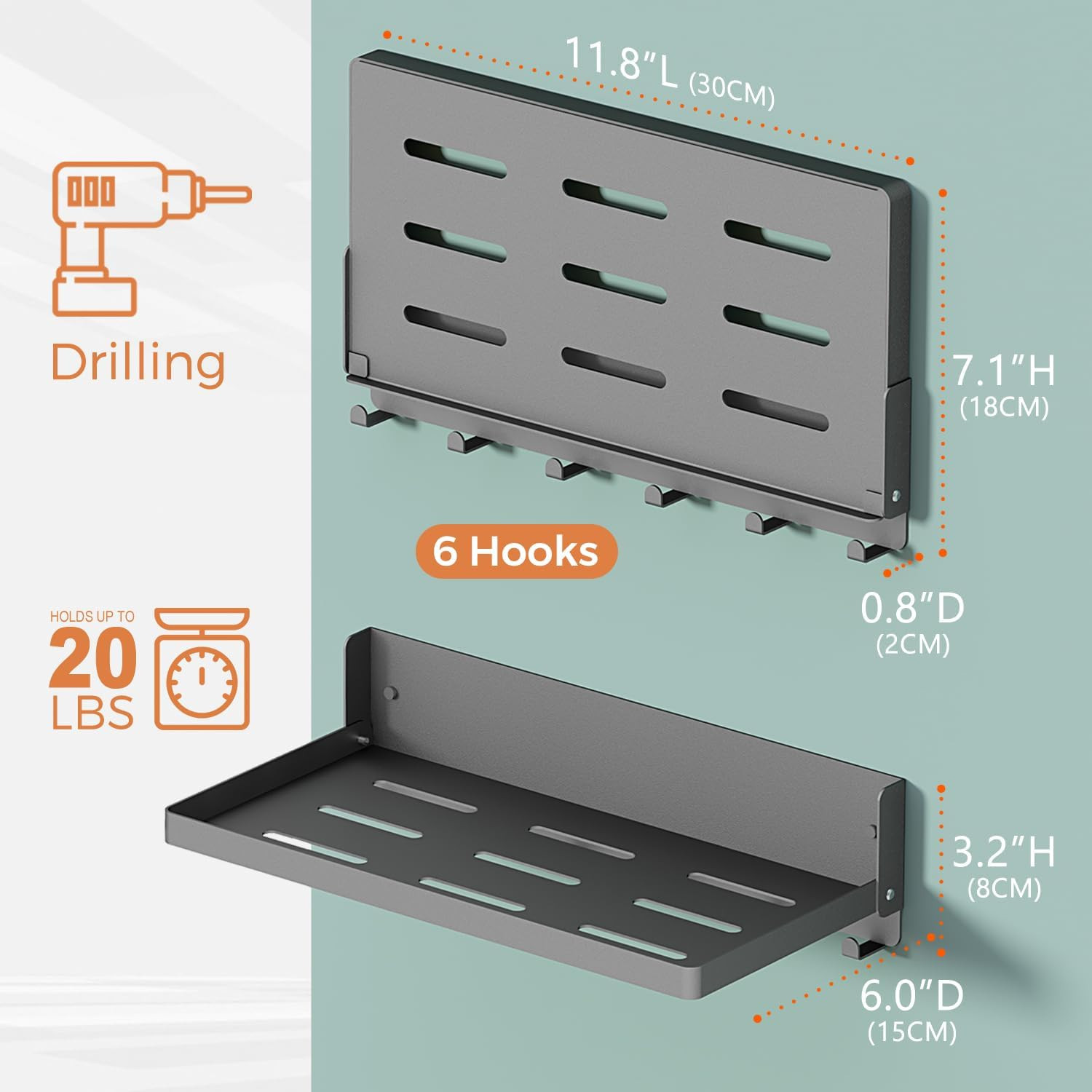 Small Folding Metal Shelf with Hooks, Fold-Up Wall Shelf, 6 Hooks, Drop down Flo