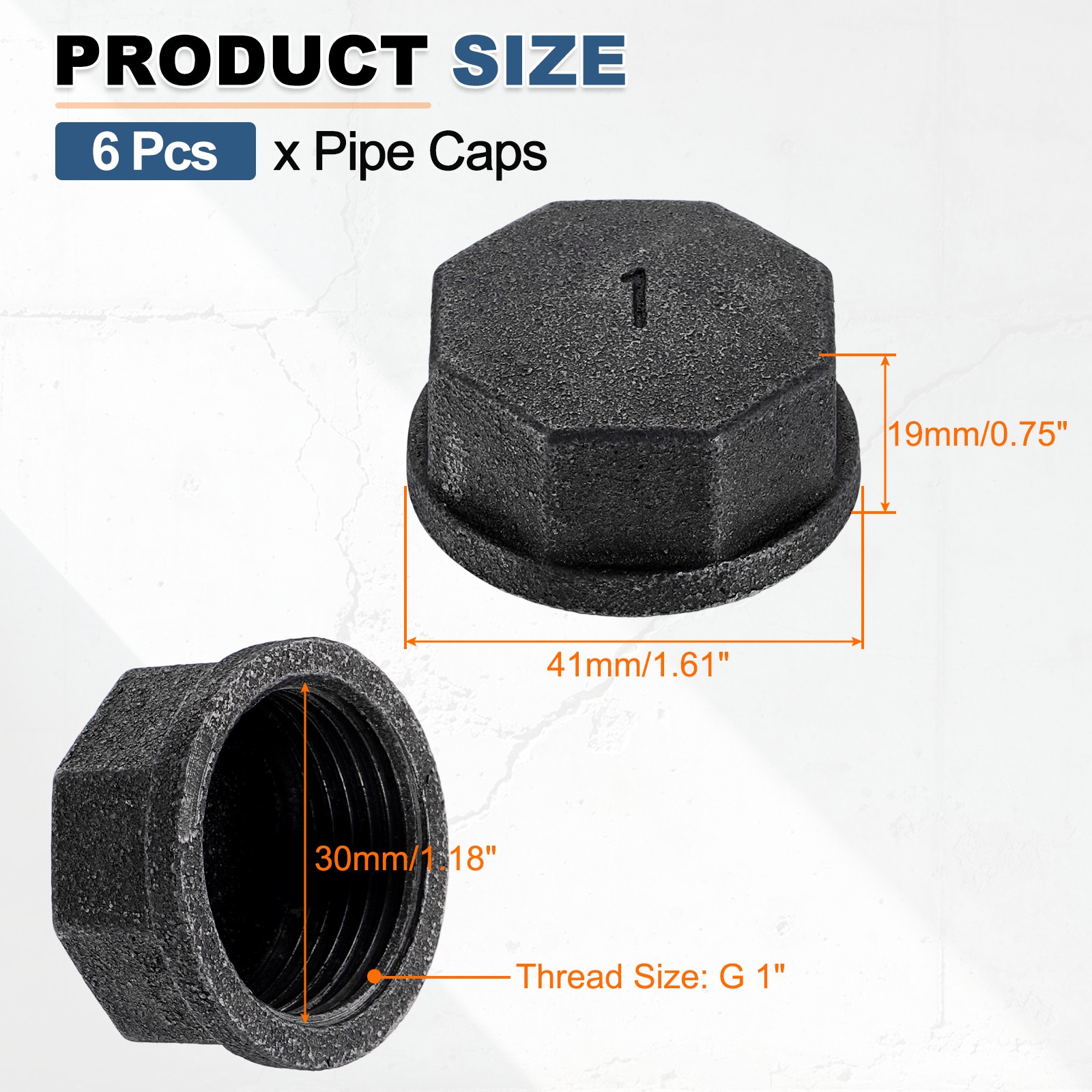 6 Pcs Square Pipe Fitting Caps, 1" Internal Thread Malleable Iron Pipe Caps