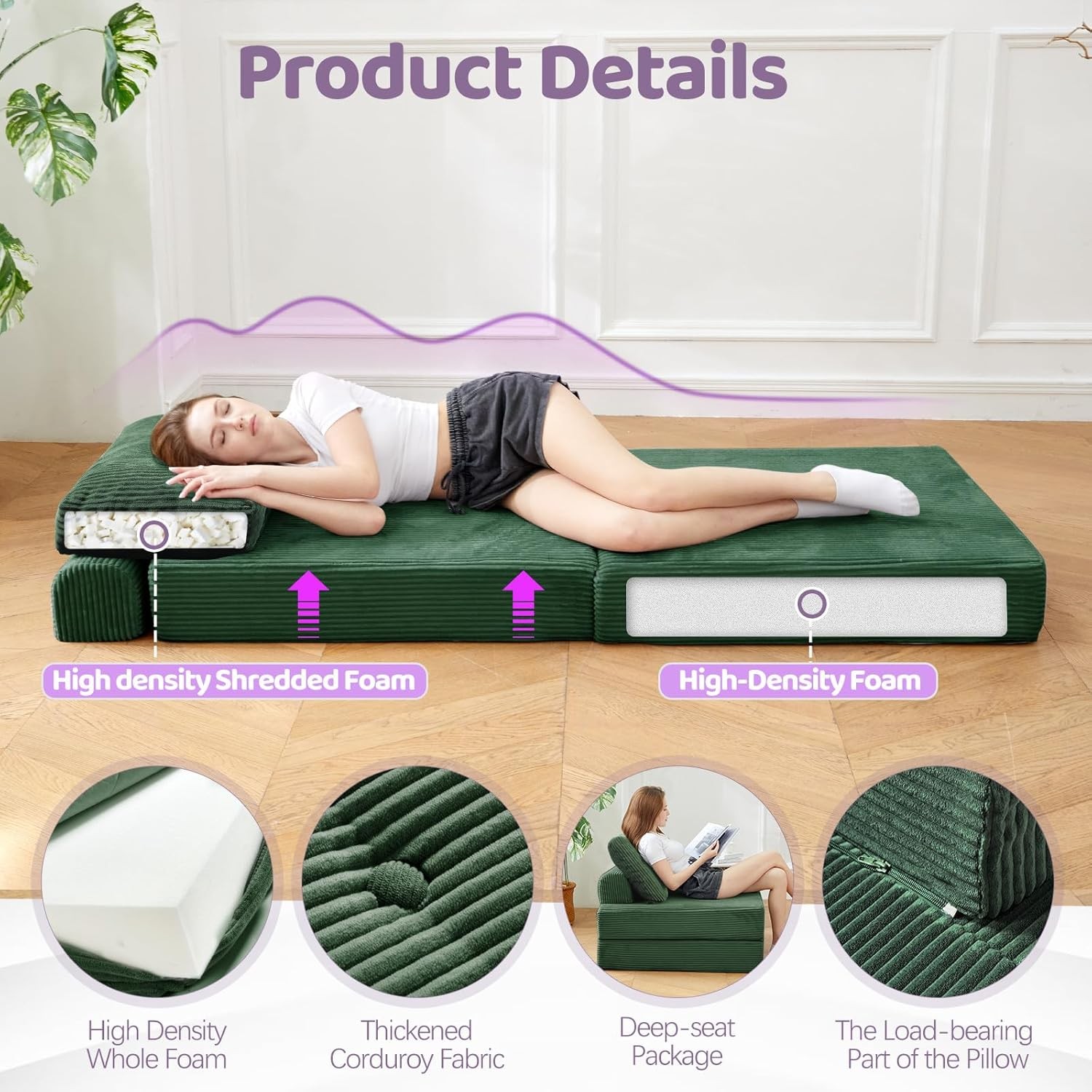 Folding Sofa Bed,3-in-1 Convertible Sleeper Chair Corduroy High-Density Foam