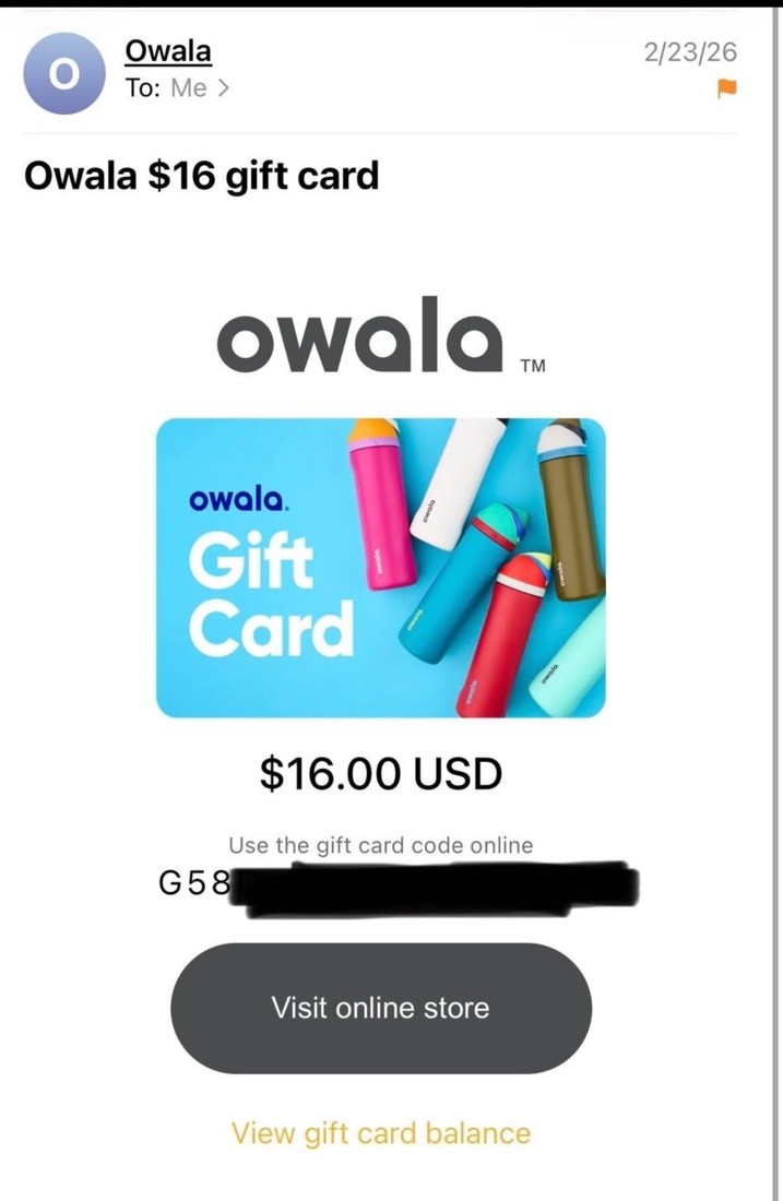 Electronic Owala Gift Card $16 USD Value-email not ship