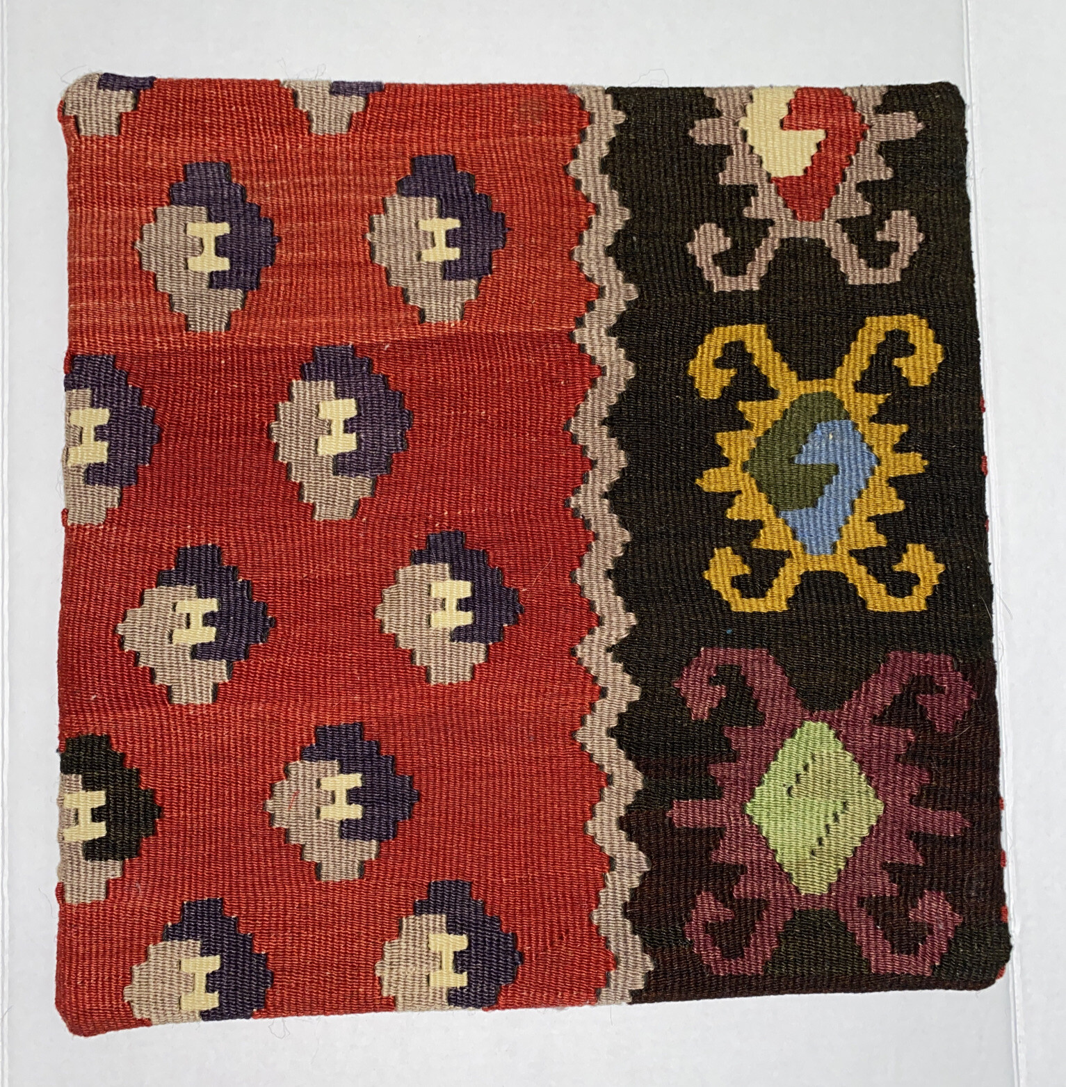 Yun Art Hand Woven 100% Wool Kilim Pillow Cover Faux Leather 18”x18” NWOT