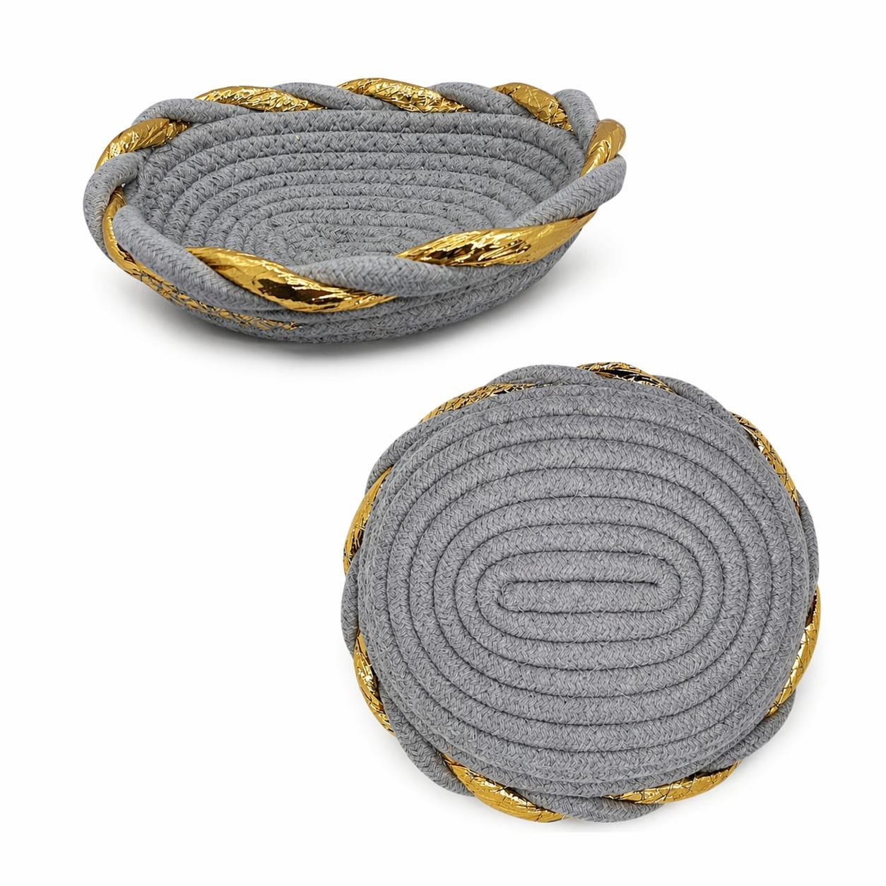 Handmade Rope Basket & Trivet Set Grey Gold  Color Small Storage Decor Gift
