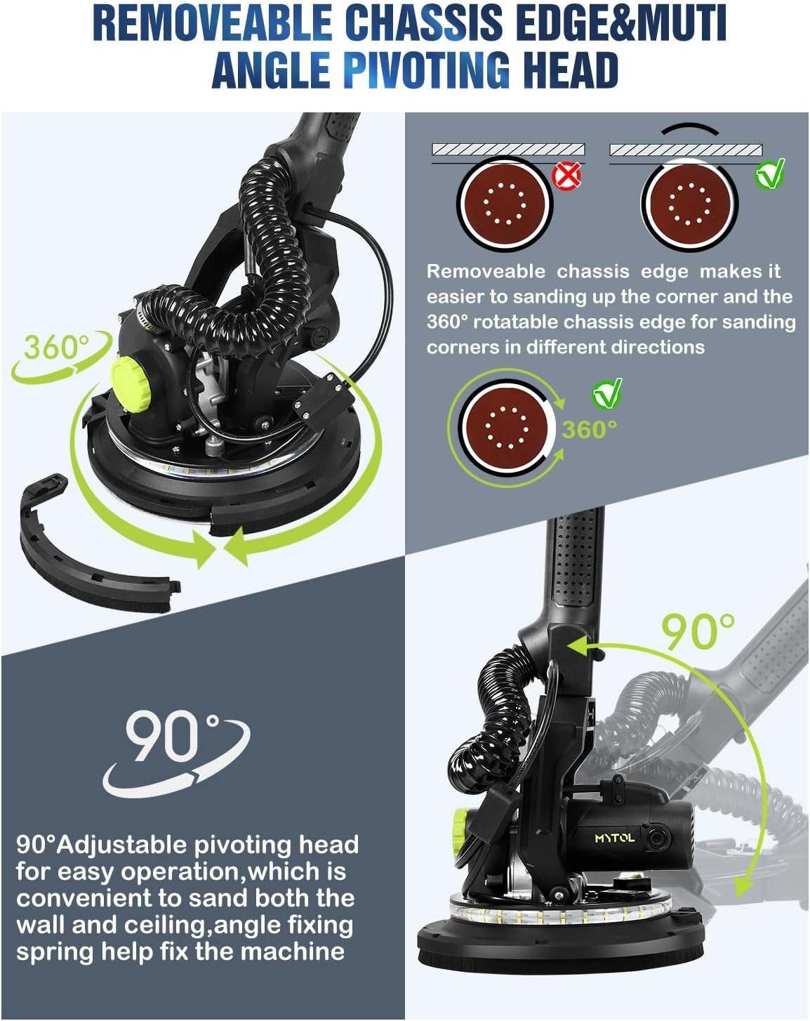 Versatile Electric Drywall Sander, 7.2A Motor & LED Light, Includes Sandpapers