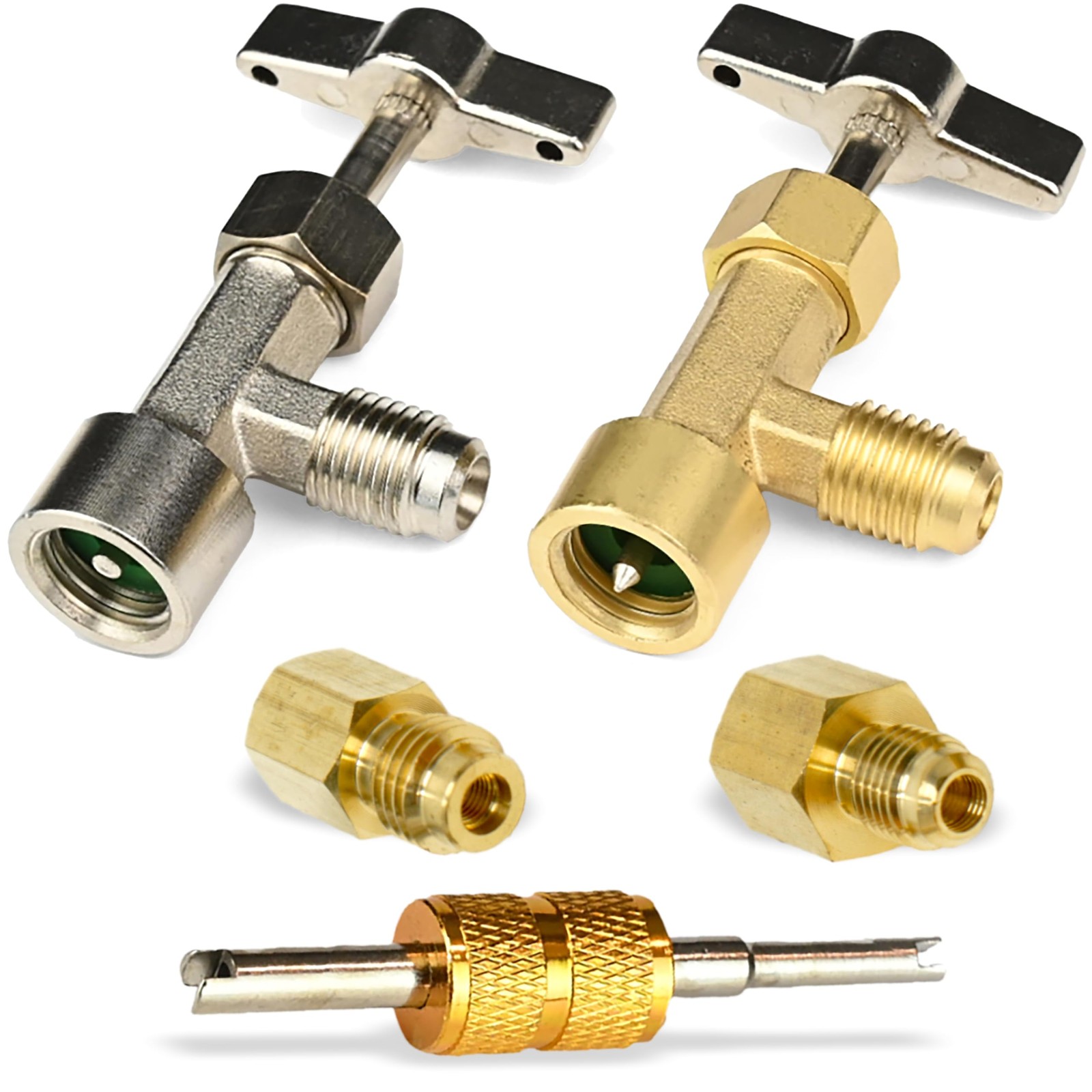 Lu-Hawk R134A Adapter Kit, Self-Seal & Puncture Can Taps, Grey-white to Brass