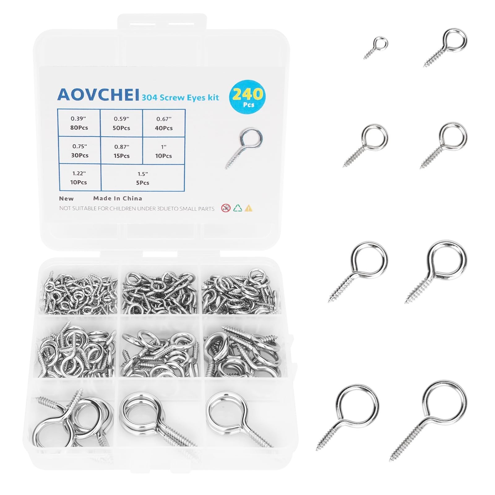 Aovchei Screw Eyes Set, 240PCS 0.39" 0.59" 0.67" 0.75" 0.87" 1" 1.22" 1.5" 30...