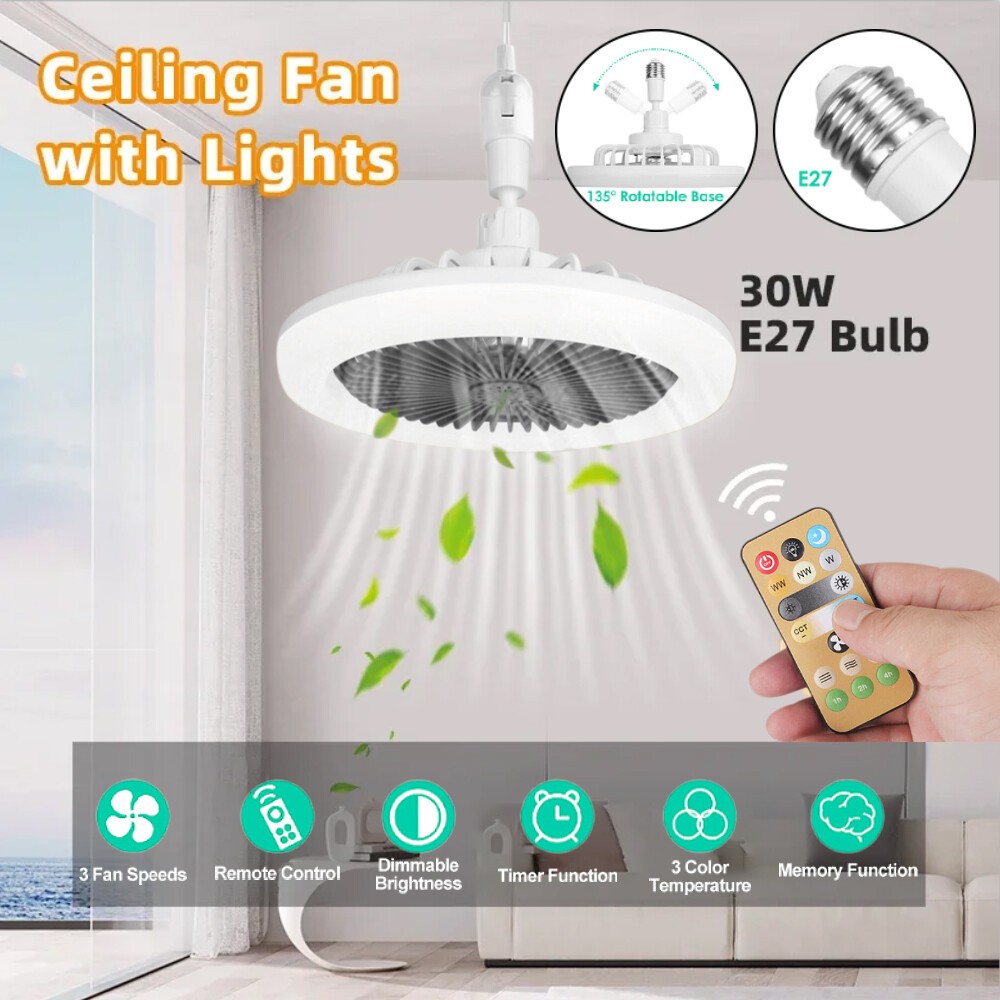 10" Adjustable E27 Socket Ceiling Fan Light 3-Color Temp LED Chandelier w/Remote