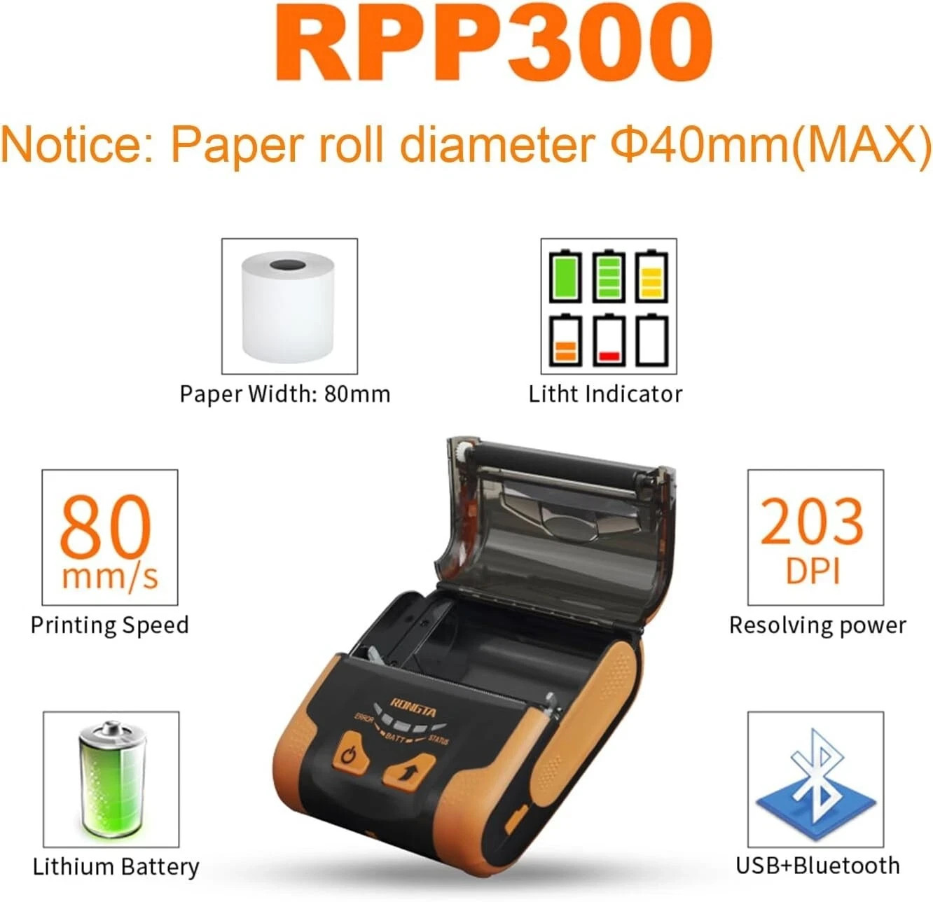 80mm Mobile POS Direct Thermal Printer w. Bluetooth+USB, Mobile thermal printer