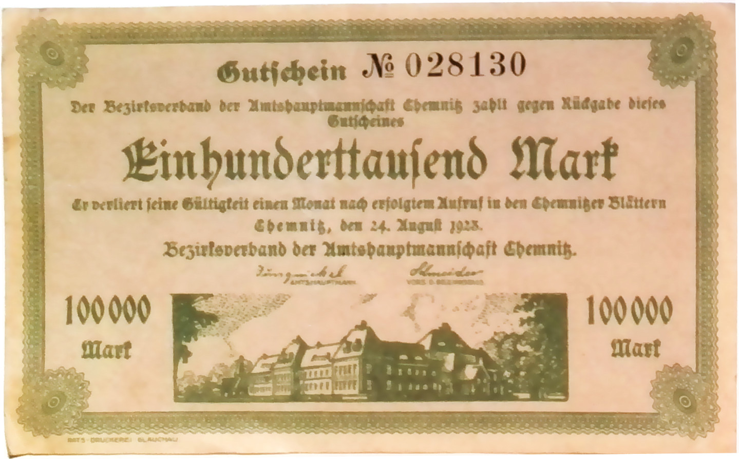 1923 Germany CHEMNITZ   100.000 Mark Banknote