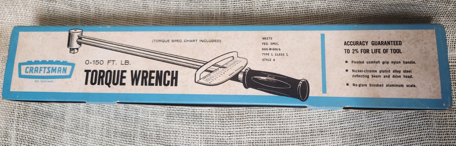 Vintage Craftsman 44641 Torque Wrench 1/2” Drive 0- 150 Ft-lb Beam Style W/ Box