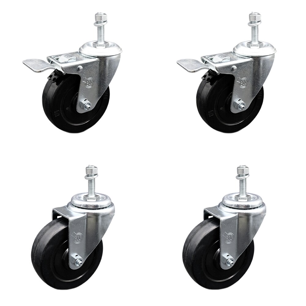 4 Inch SS Soft Rubber 3/8 Inch Threaded Stem Caster Set 2 Total Lock Brake SCC