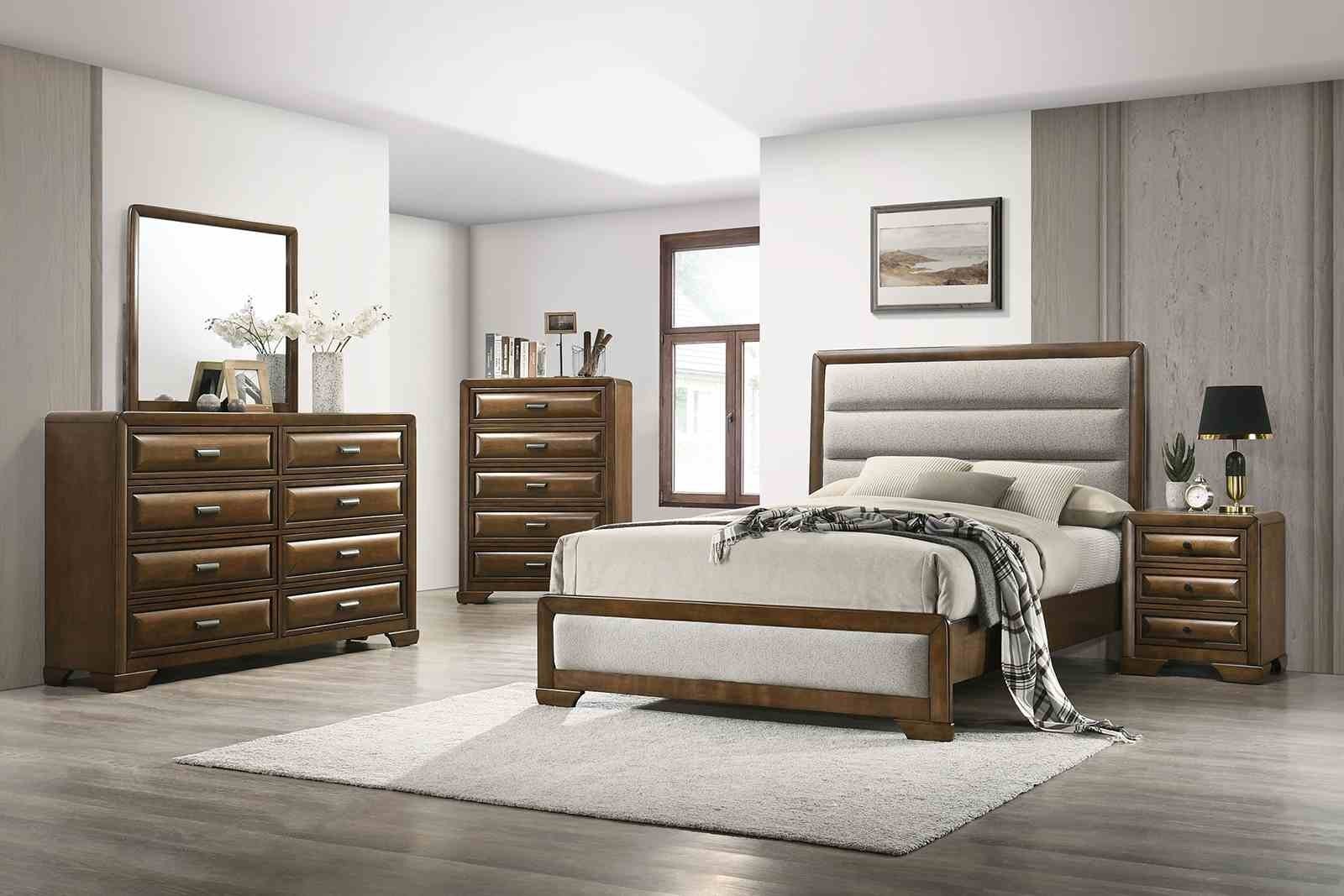 Transitional Style Queen Size 6pc Bed Set Bracket Leg Padded Headboard Footboard