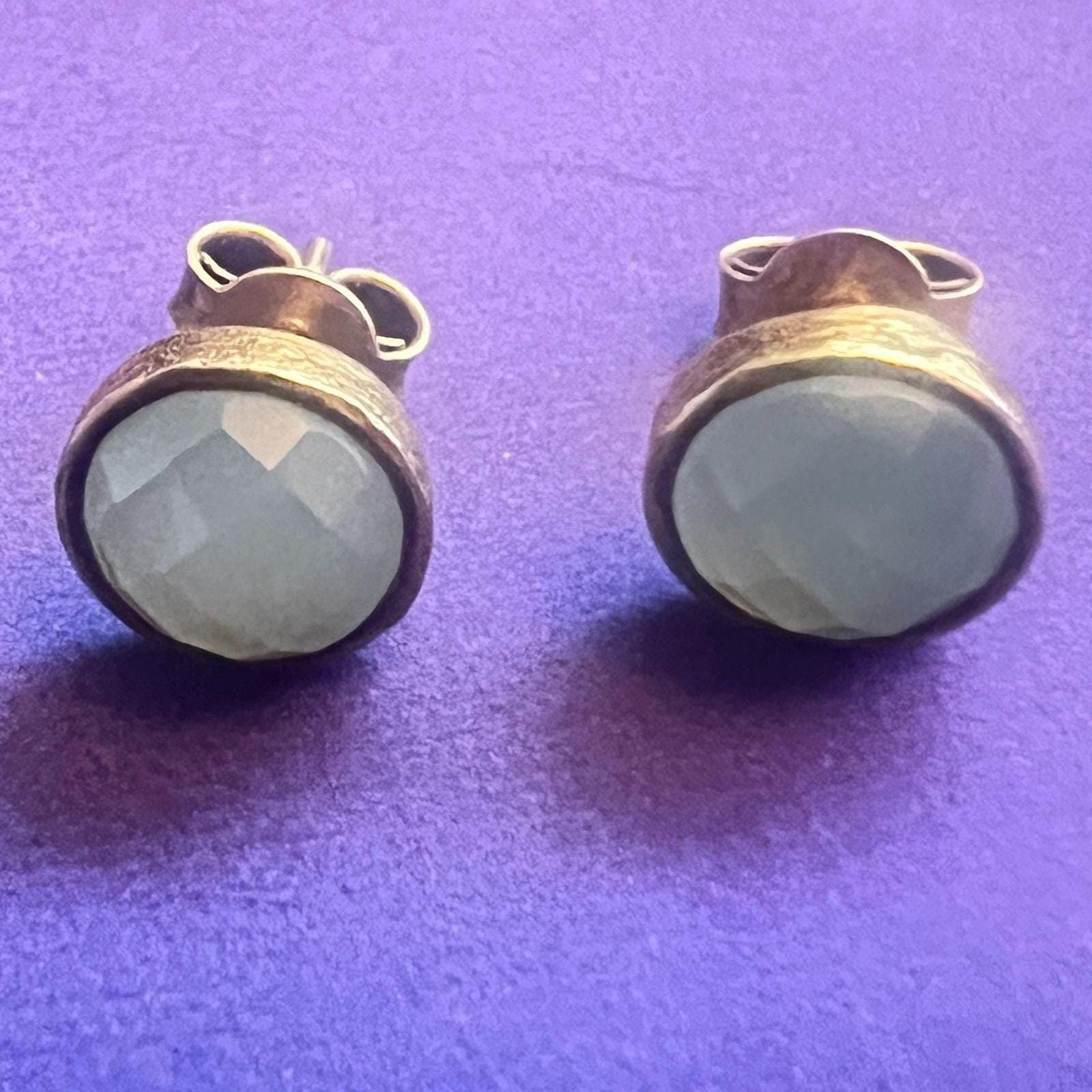 Vintage Vermeil Stud Earrings Aqua Faceted Semi Precious Stones Minimalist