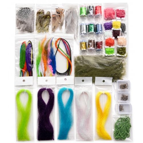 Fly Tying Materials Kit with Hooks Thread Crystal Flash Chenille Feathers,
