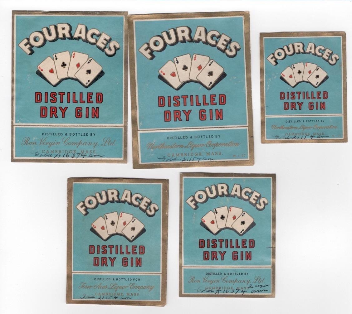 Four Aces Liquor Co Boston MA playing card game;ing  5 gin labels W145