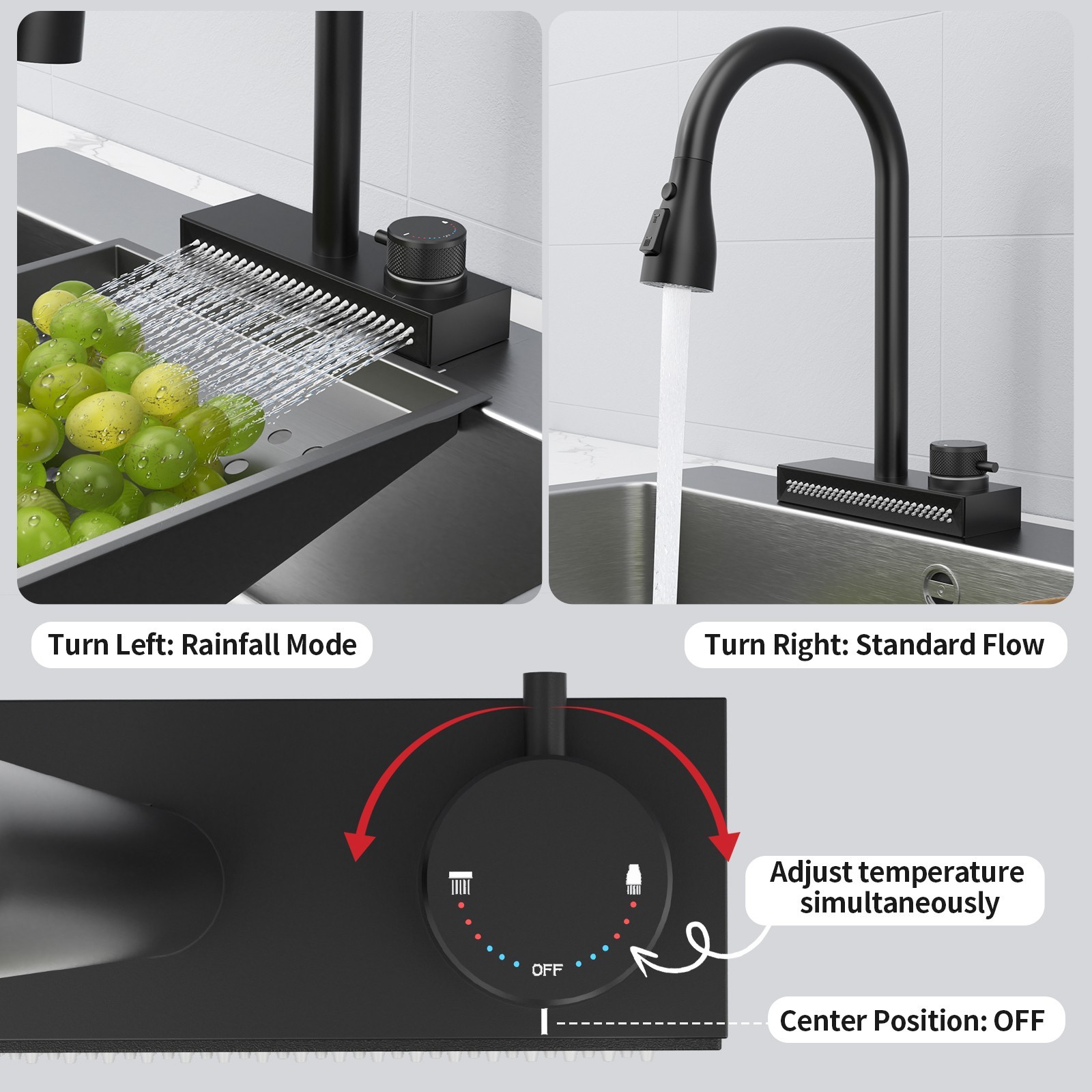 Black 3-function Pull-down Rain Kitchen Faucet