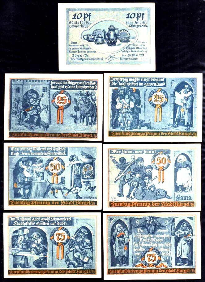 SHENANIGANS of ODDBALL TOWN CHARACTERS on RARE COMPLETE NOTGELD SET 7 DIFF BILLS
