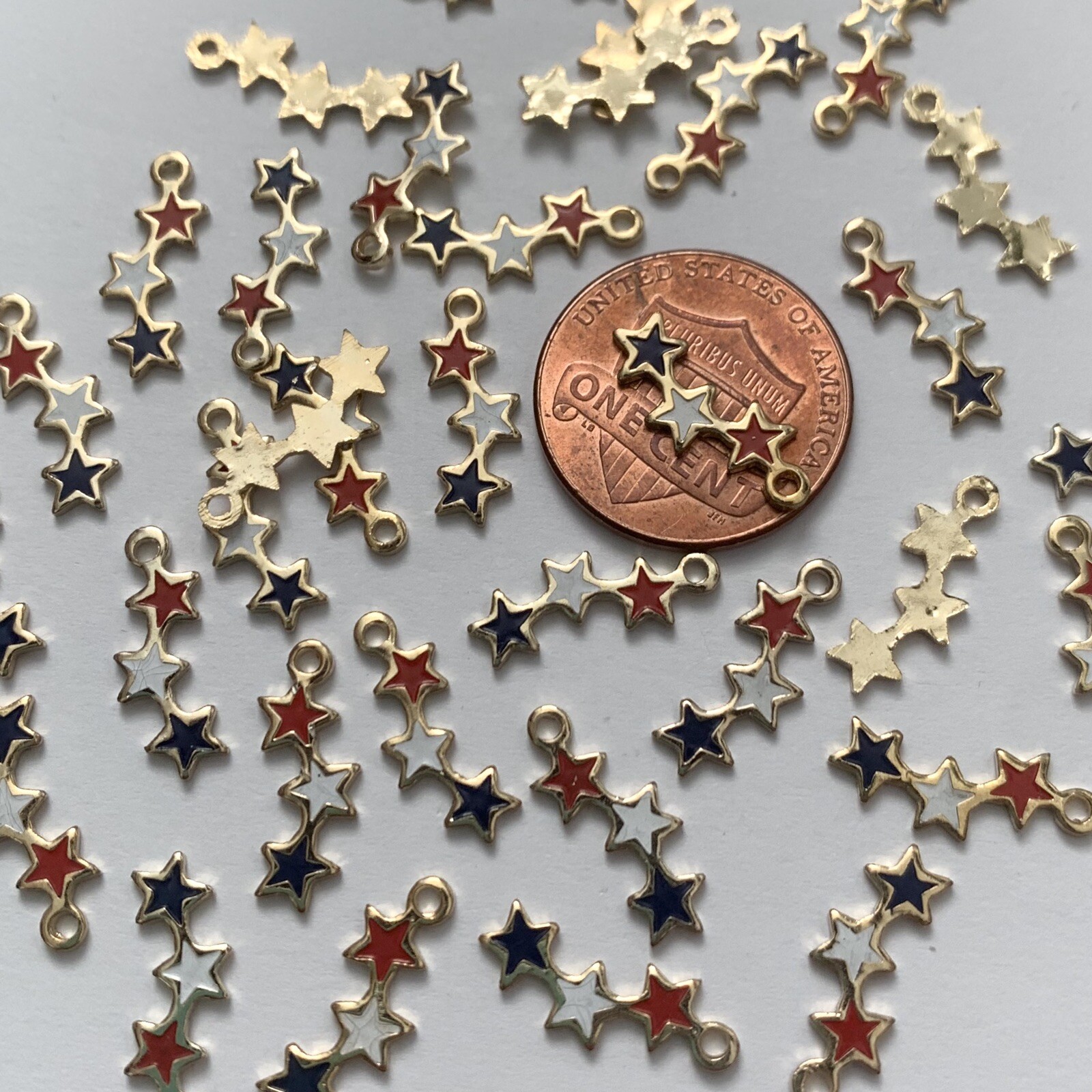 24 Vintage Enamel Star Dangle Bead Charm components red white blue Deadstock