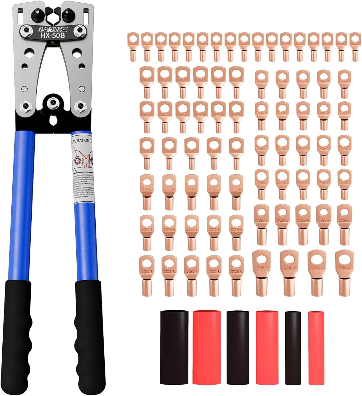 Battery Cable Crimper for AWG10-1/0, 78Pcs Copper Lug Ring Terminals | Electrica