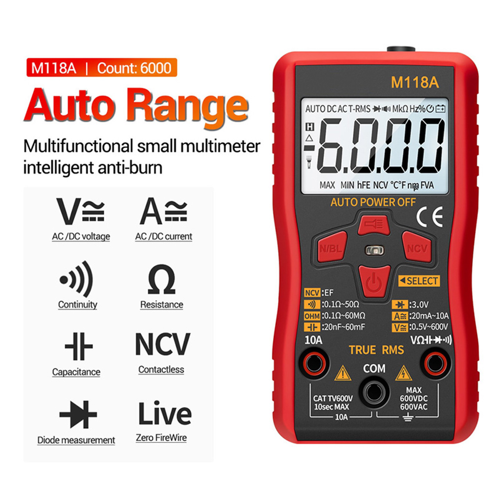 6000 CountS ANENG M118A Digital Multimeter AC/DC Spannungstester NCV Flashlight