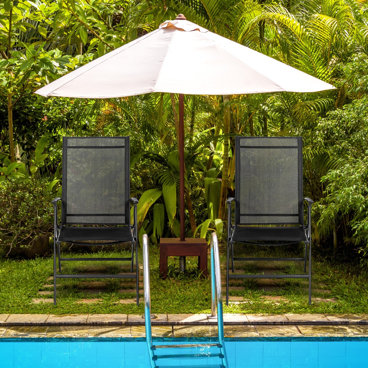 Set of 2 Patio Folding Dining Chair Recliner Adjustable Camping Portable Black
