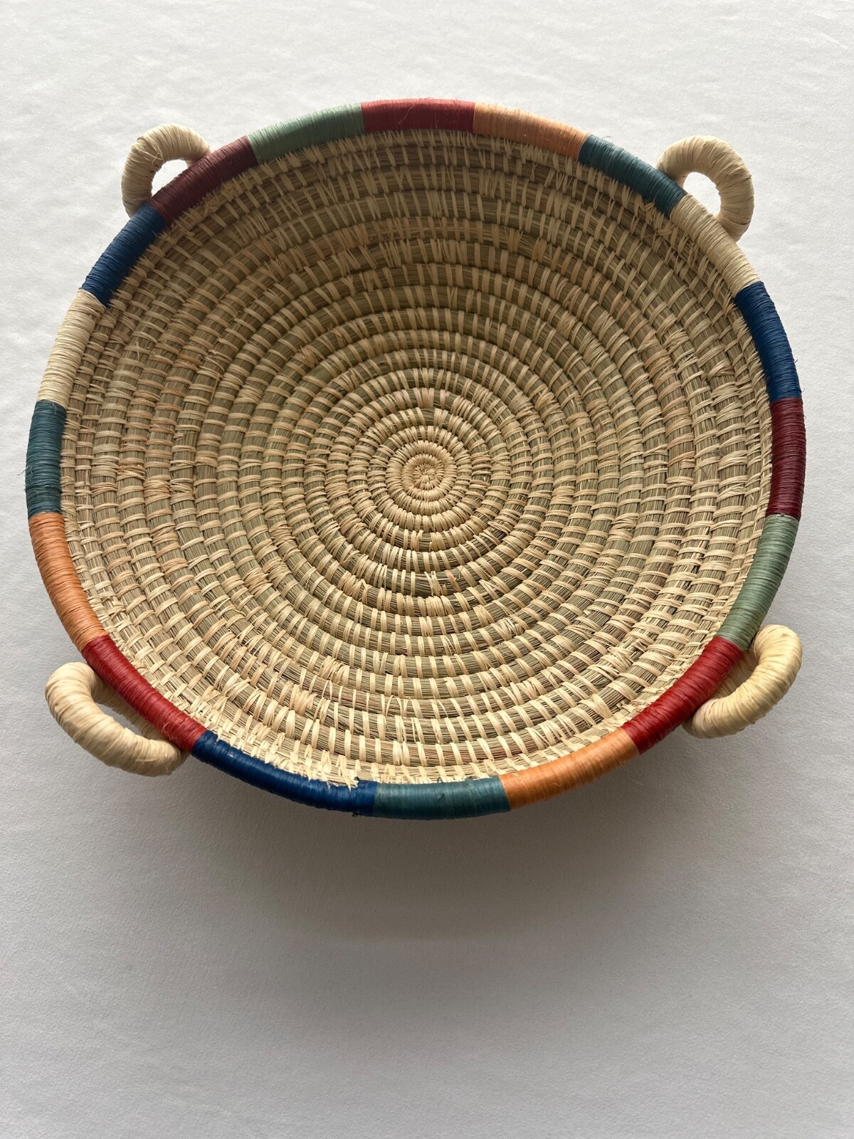 Handmade Grass Coil Basket 11" diameter round w handles multi-color