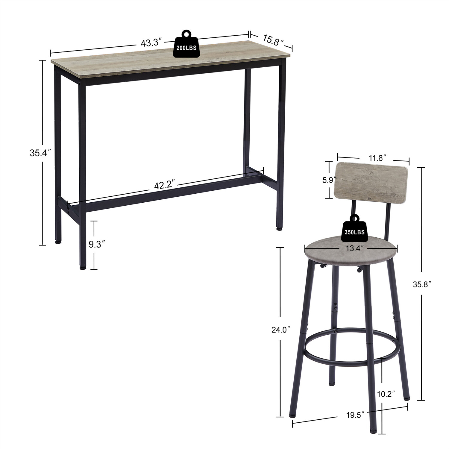 3 Piece Bar Table Set Counter Height Kitchen Pub Table w/ 2 Bar Stool Grey