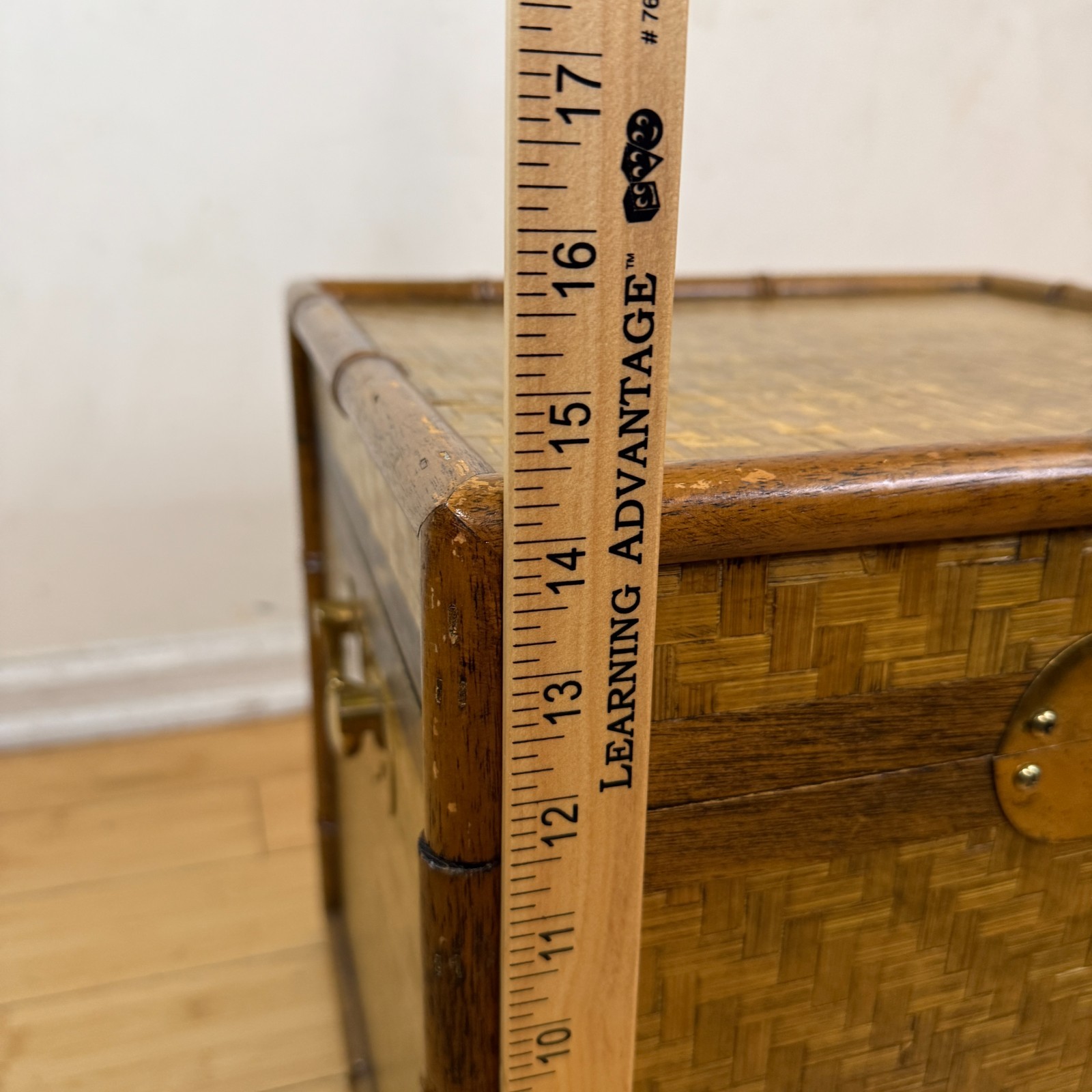 Vintage Bamboo Lidded Chest Trunk Hamper Herringbone Woven Wicker