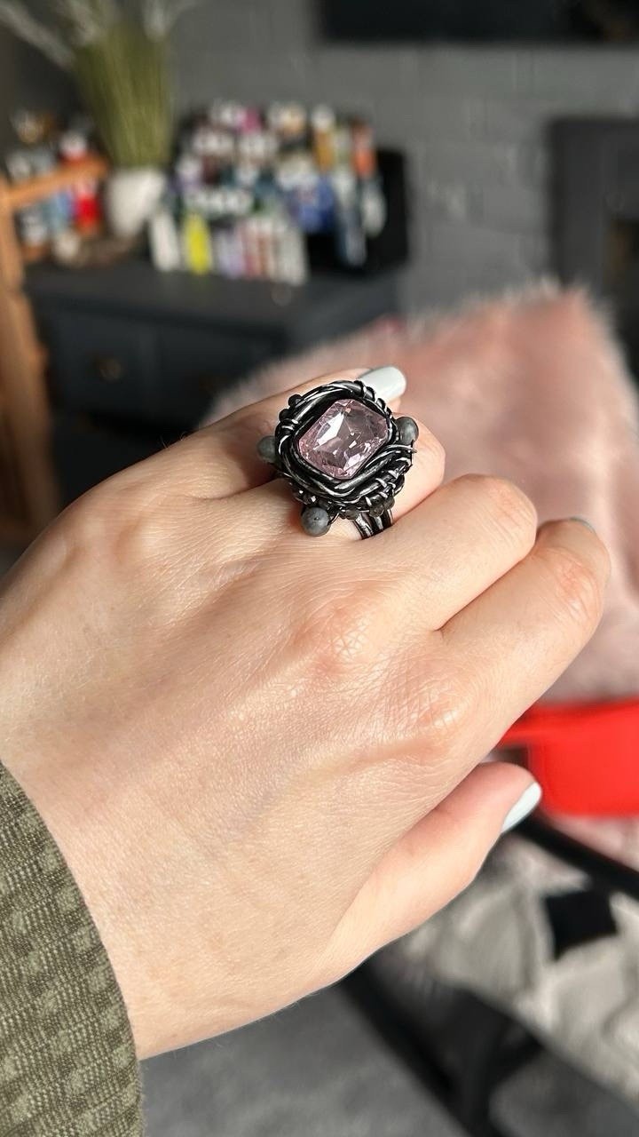 Handcrafted Statement Ring Black Wire Wrapped size 8