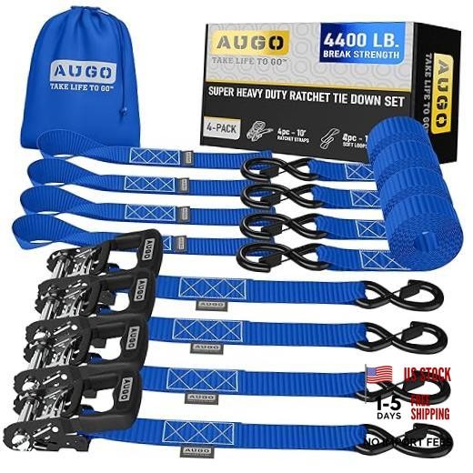 Heavy Duty Ratchet Straps & Soft Loops – Pack of 4 Extra 4400 lb - 10ft Blue